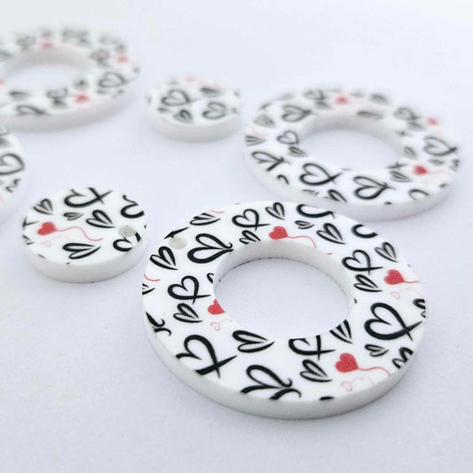 33mm BLACK & RED HEART Acrylic MINI HOOPS, with toppers