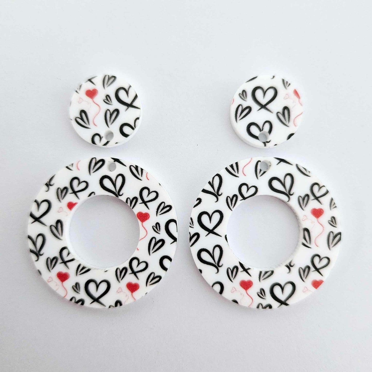 33mm BLACK & RED HEART Acrylic MINI HOOPS, with toppers