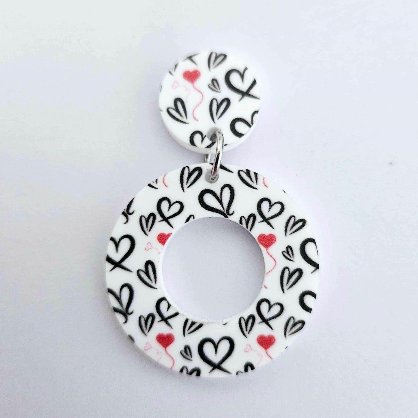 33mm BLACK & RED HEART Acrylic MINI HOOPS, with toppers