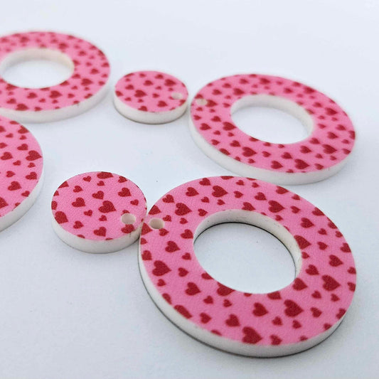 33mm PINK with RED HEARTS Acrylic MINI HOOPS, with toppers