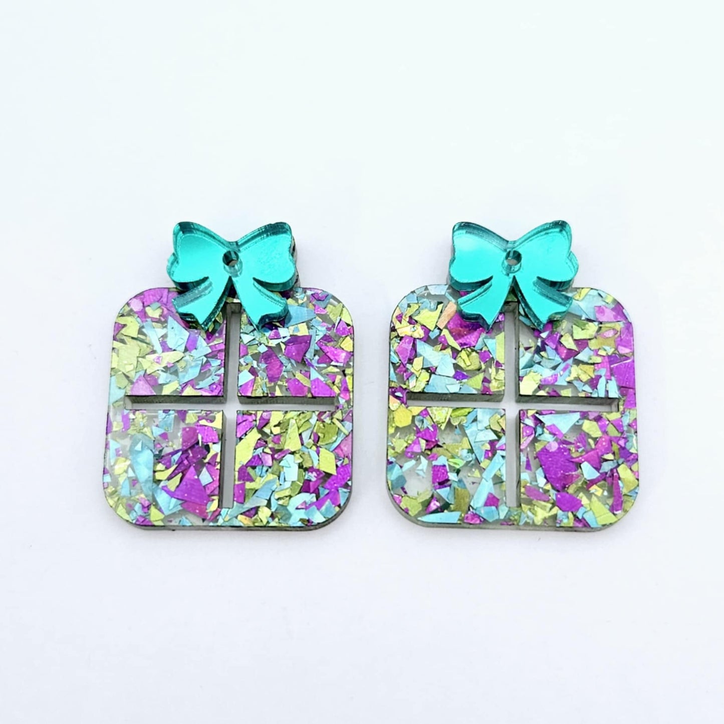 Chunky peacock glitter purple green Christmas present ribbon bow DIY earring supplies laser cut acrylic dangles blanks