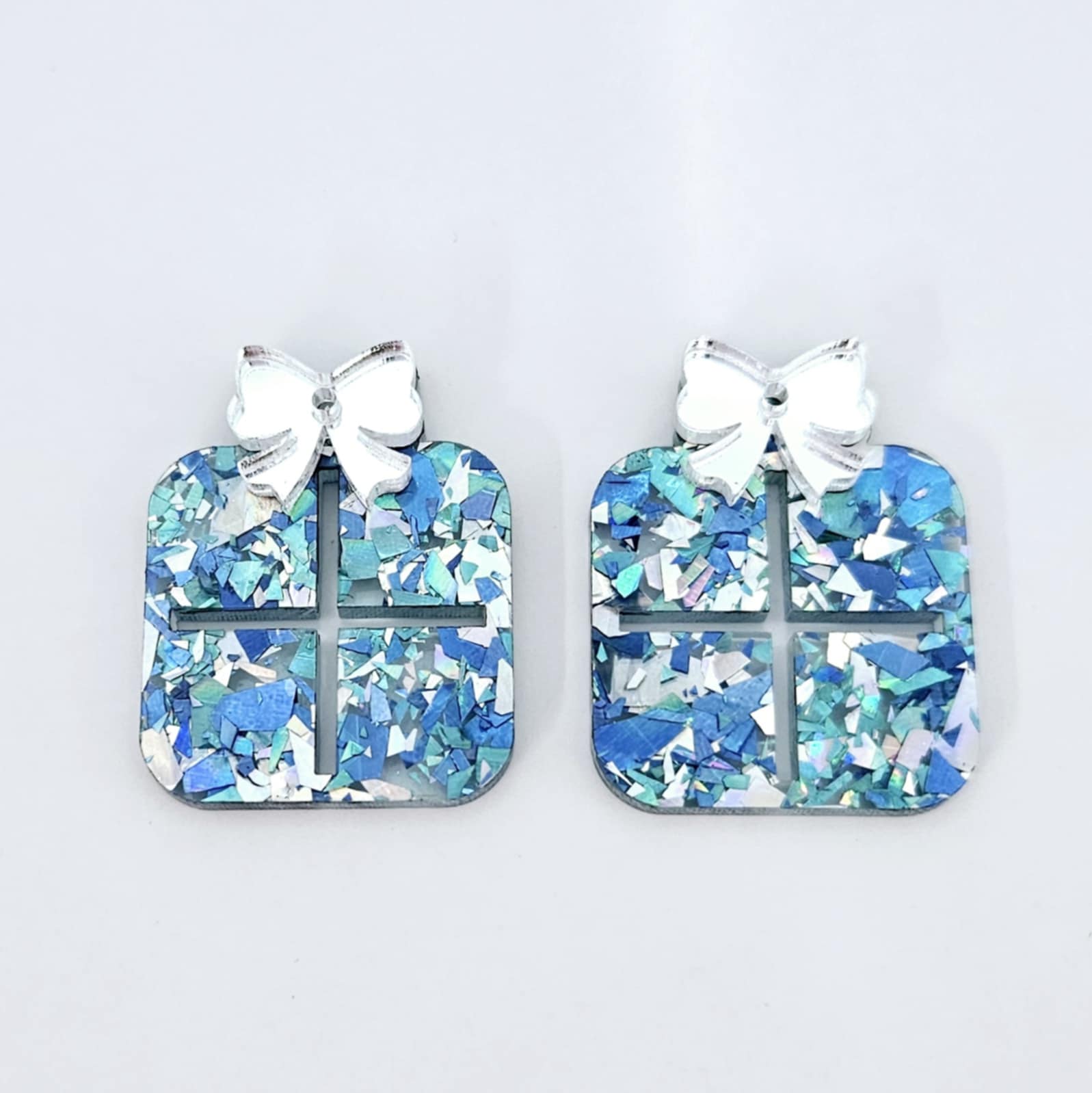 chunky aqua glitter blue silver mirror Christmas present bows DIY earring supplies laser cut acrylic dangles blanks