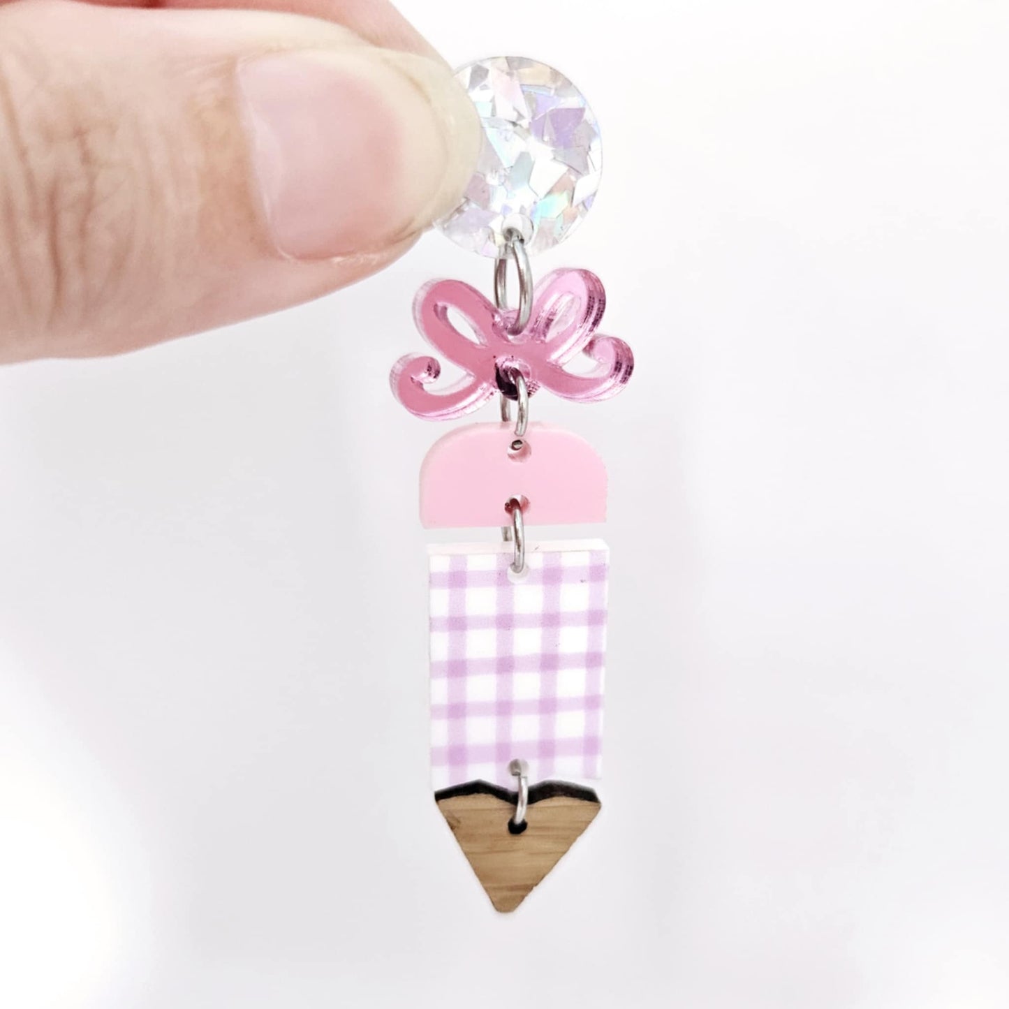 pastel gingham uv printed pink oak wood teacher pencil DIY earring supplies laser cut acrylic dangles blanks