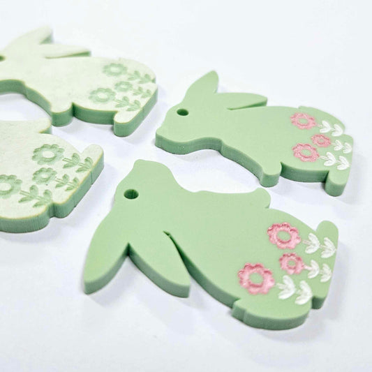 35mm PASTEL GREEN Acrylic BUNNIES, with FLOWER etching.