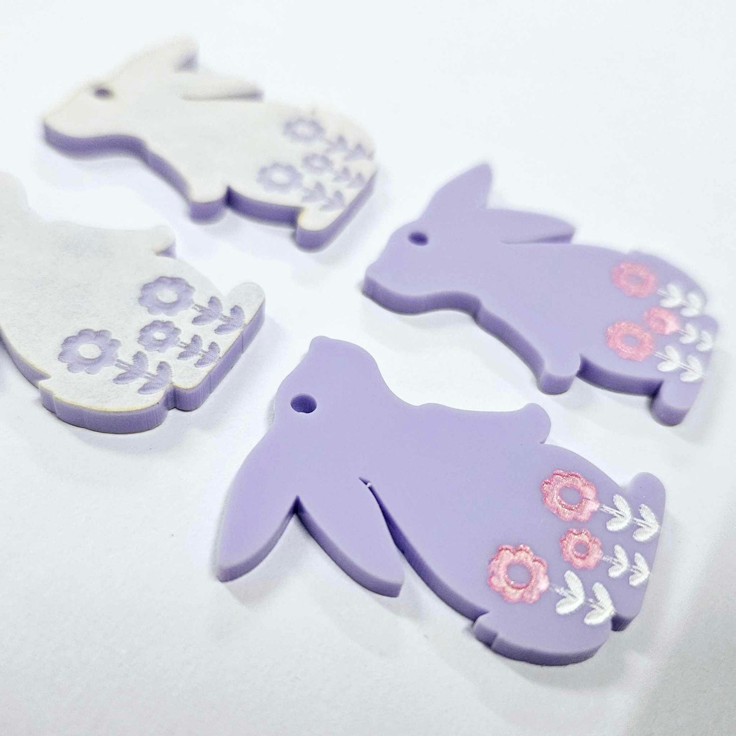 35mm PASTEL PURPLE Acrylic BUNNIES, with FLOWER etching