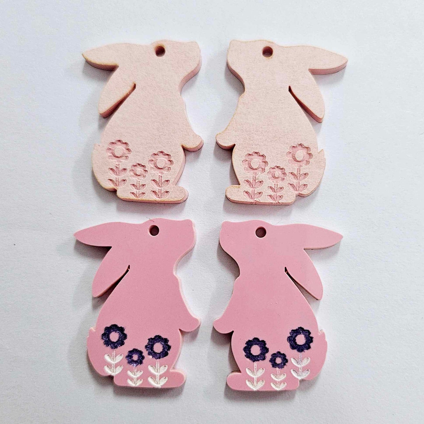 35mm PASTEL PINK Acrylic BUNNIES, with FLOWER etching.