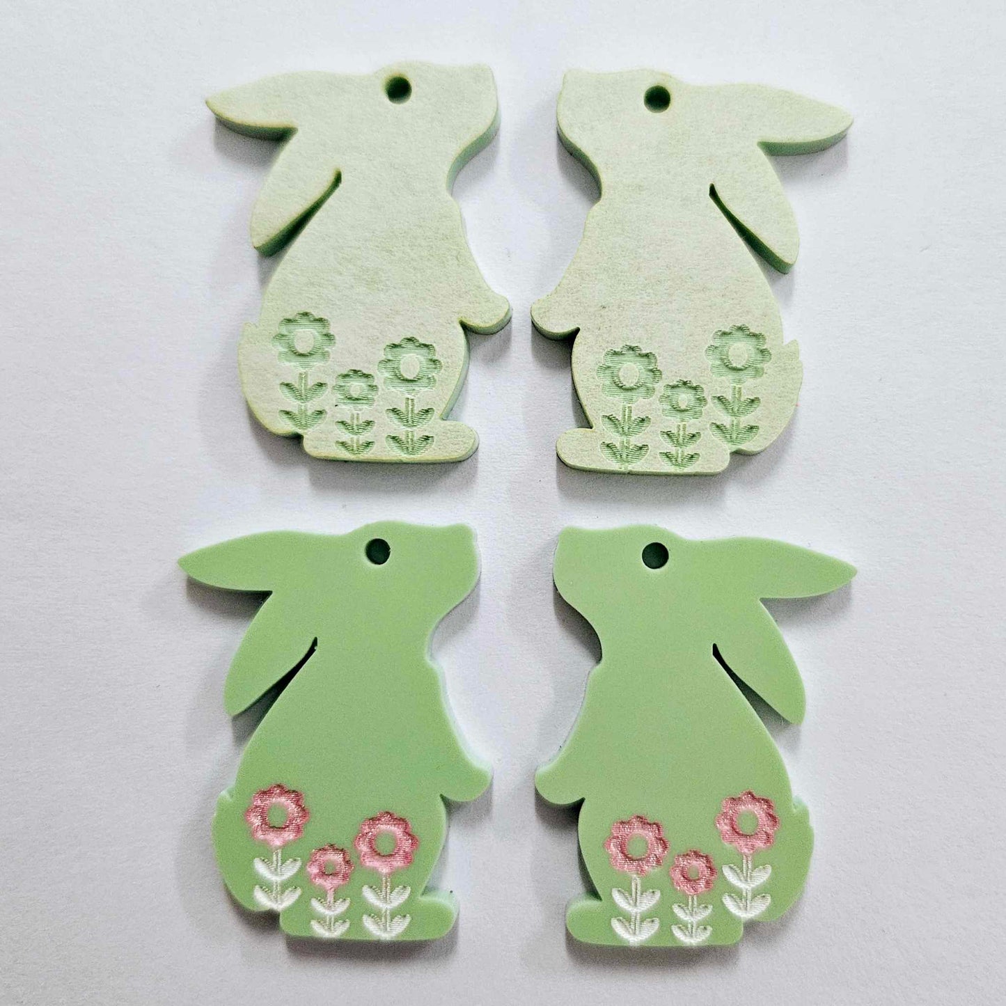 35mm PASTEL GREEN Acrylic BUNNIES, with FLOWER etching.