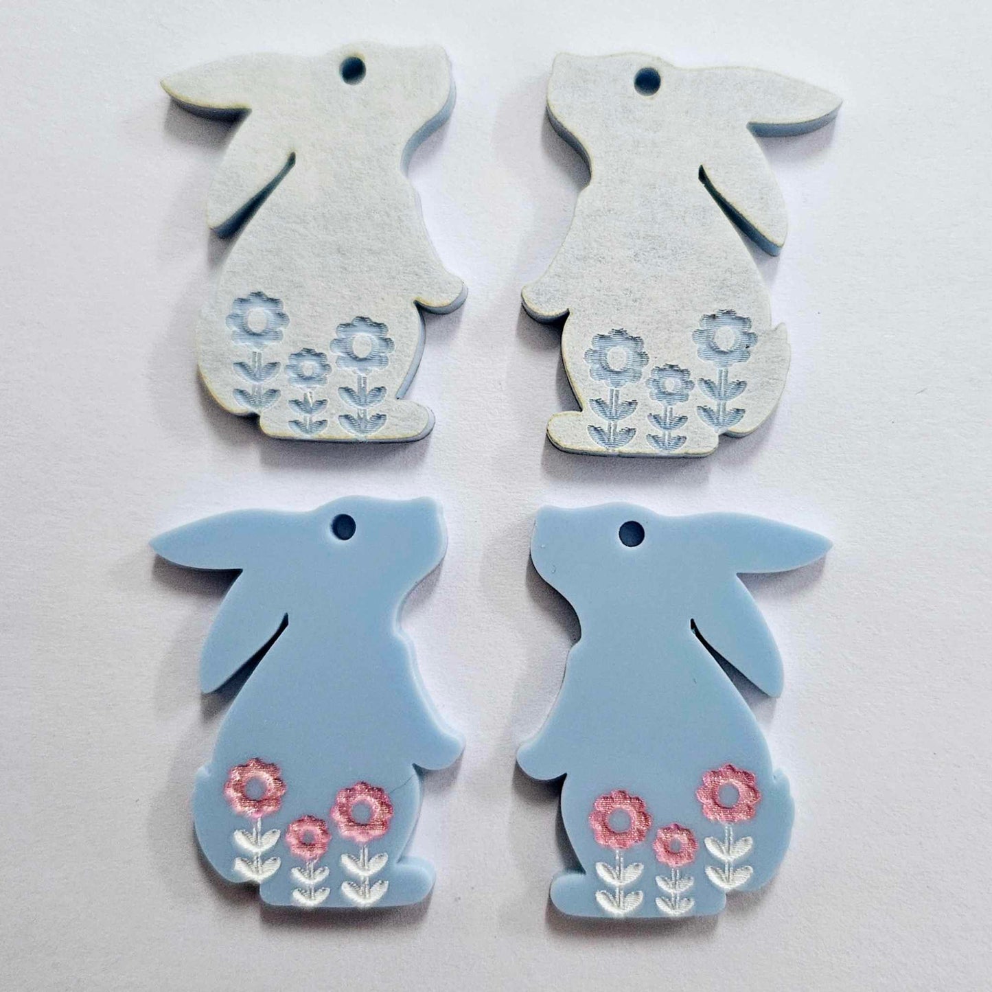 35mm PASTEL BLUE Acrylic BUNNIES, with FLOWER etching