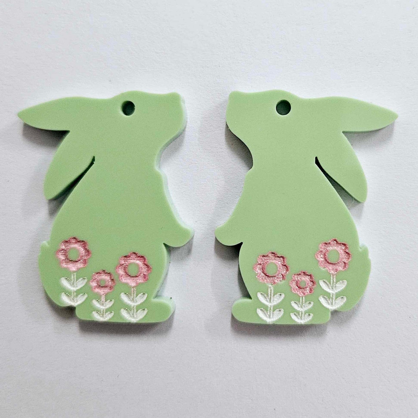 35mm PASTEL GREEN Acrylic BUNNIES, with FLOWER etching.