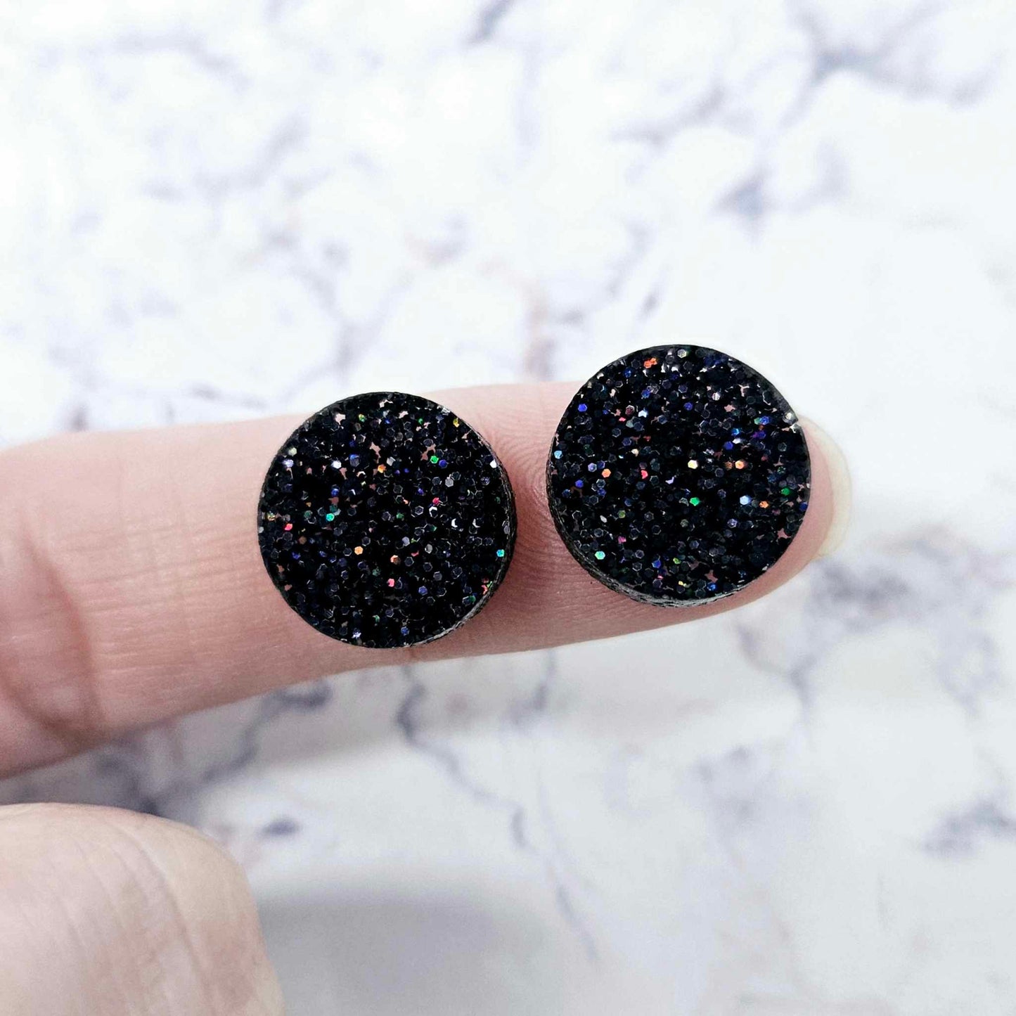 14mm HOLOGRAPHIC BLACK GLITTER Acrylic Toppers/Studs