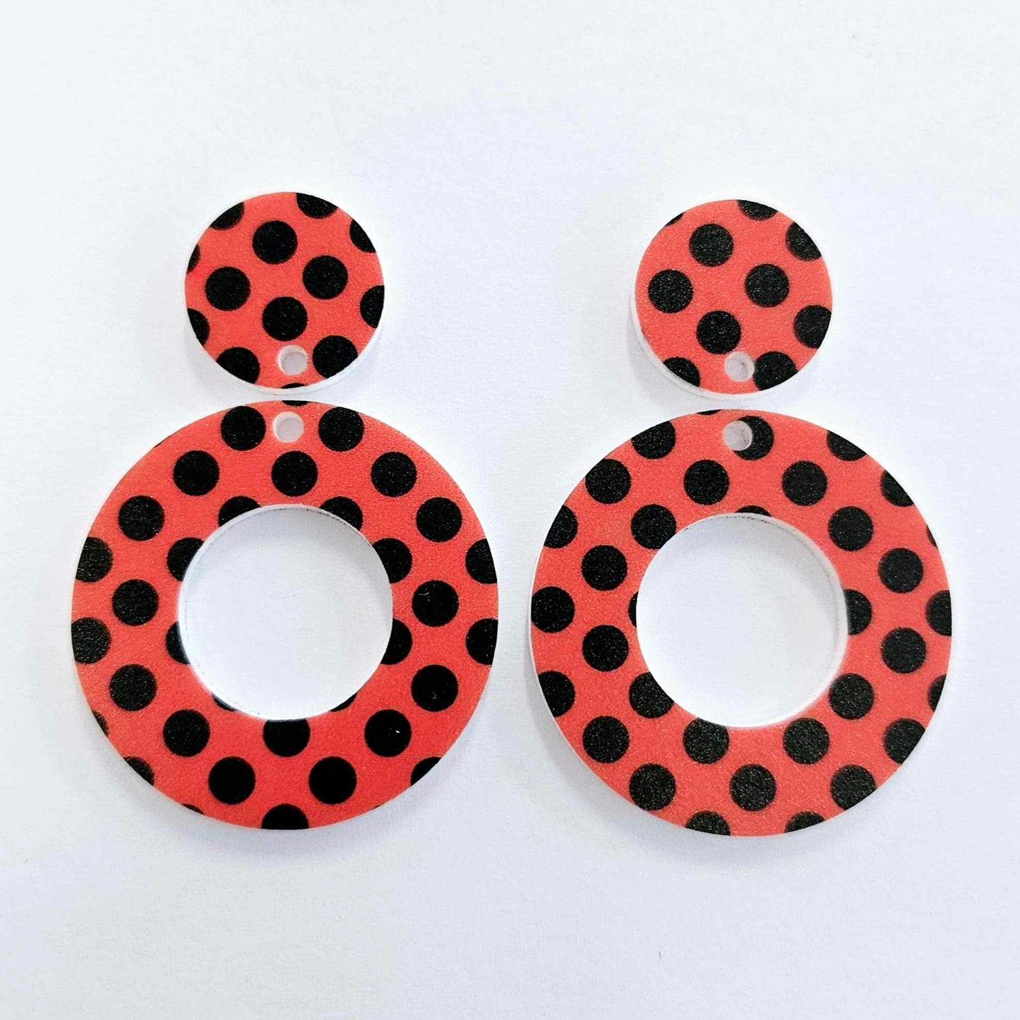 33mm RED & BLACK POLKA DOT Acrylic MINI HOOPS, with toppers