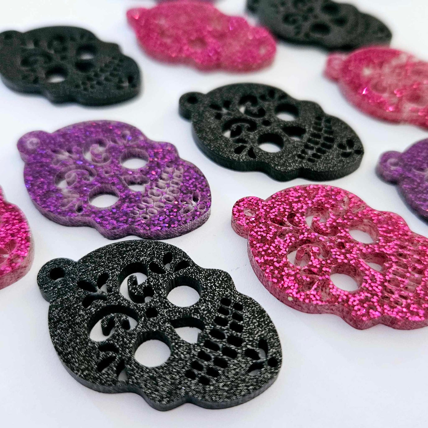 hot pink holographic purple black glitter skulls Halloween diy earring supplies laser cut acrylic earring blanks dangles