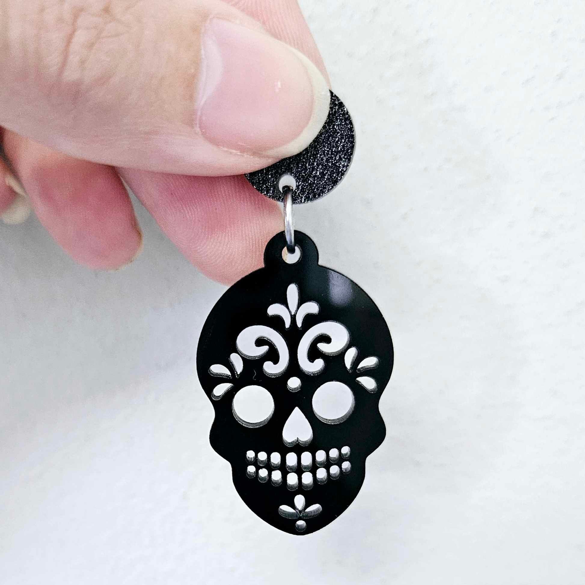 glossy black skulls Halloween diy earring supplies laser cut acrylic dangles blanks