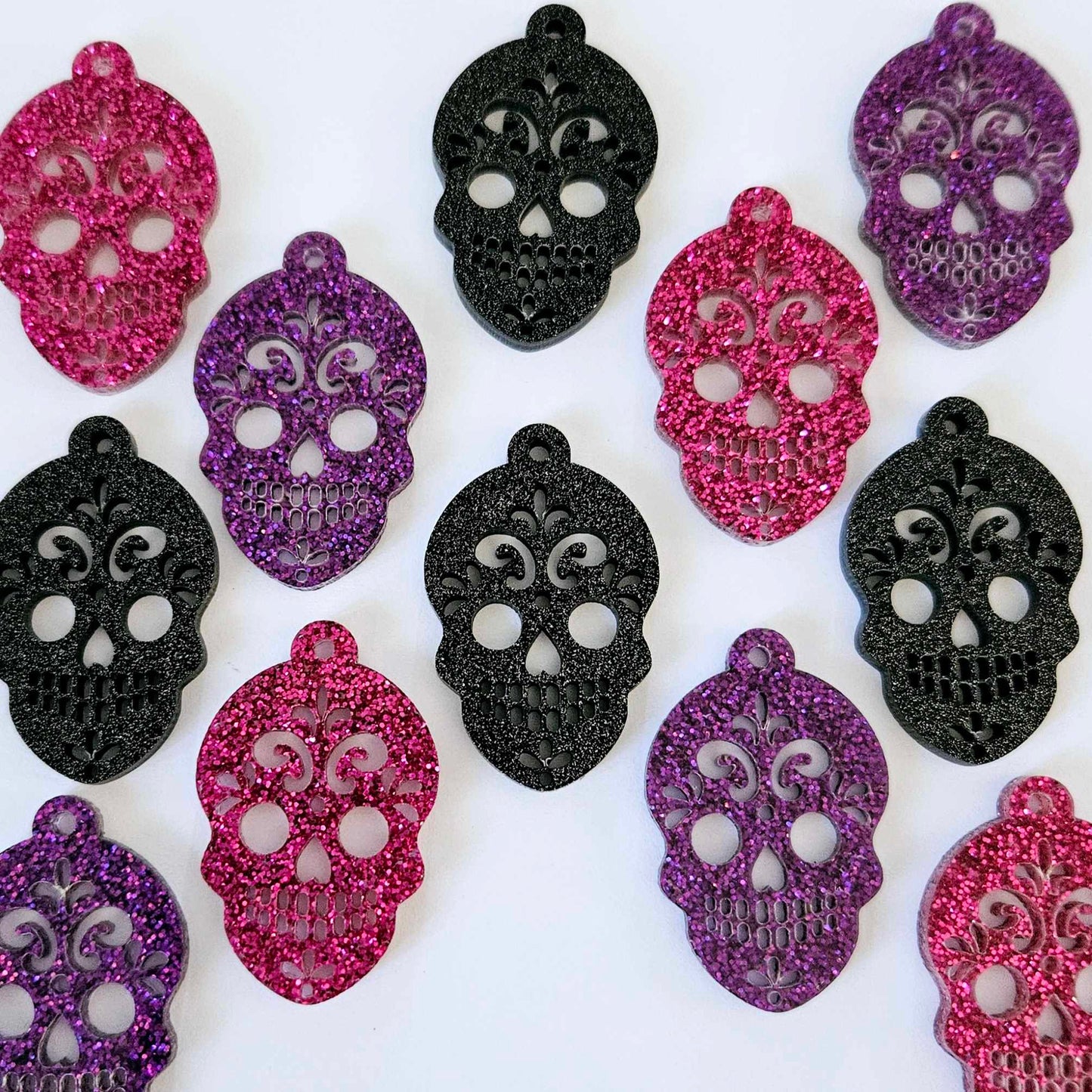 hot pink holographic purple black glitter skulls Halloween diy earring supplies laser cut acrylic earring blanks dangles