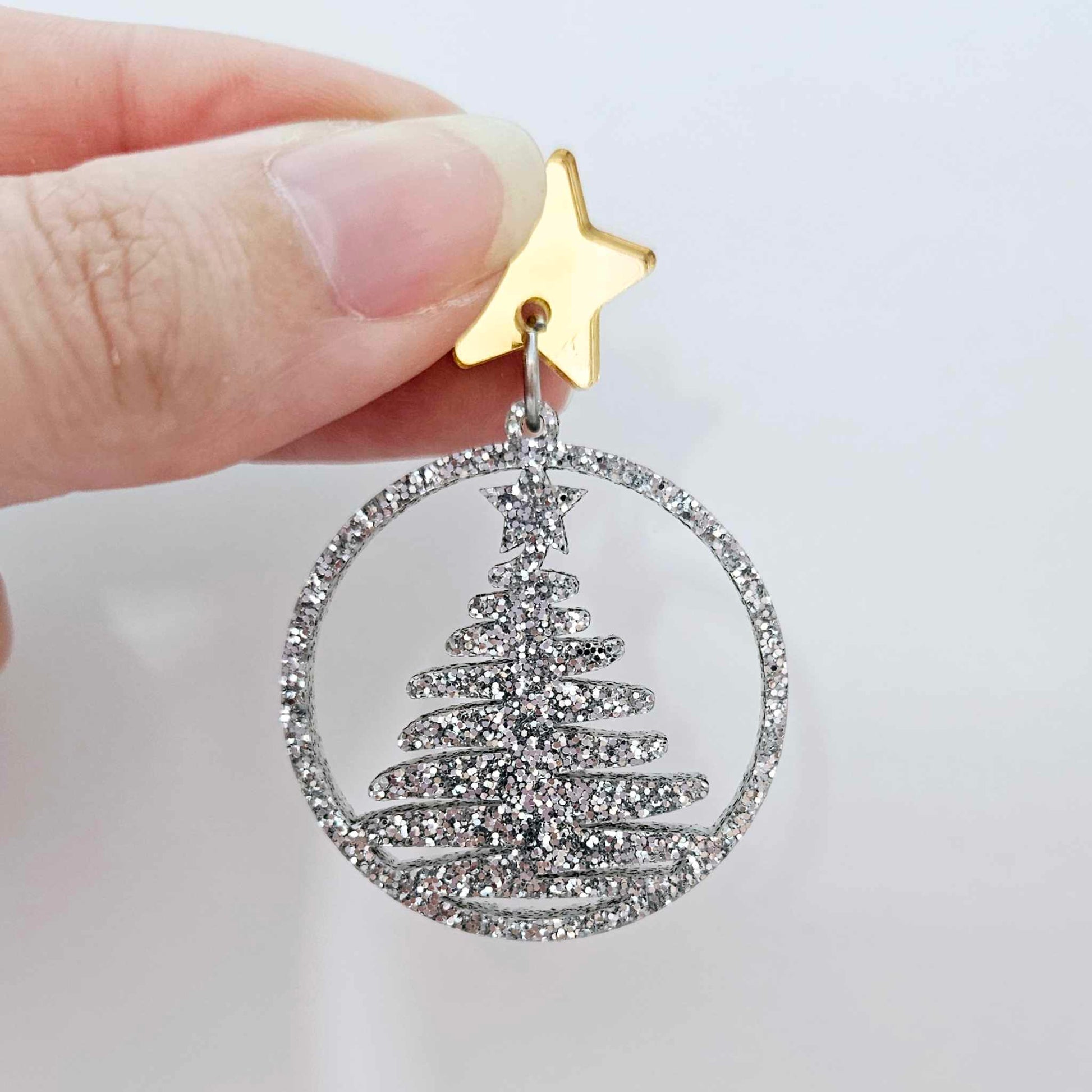 silver glitter Christmas Xmas tree hoops diy earring supplies laser cut acrylic dangles blanks