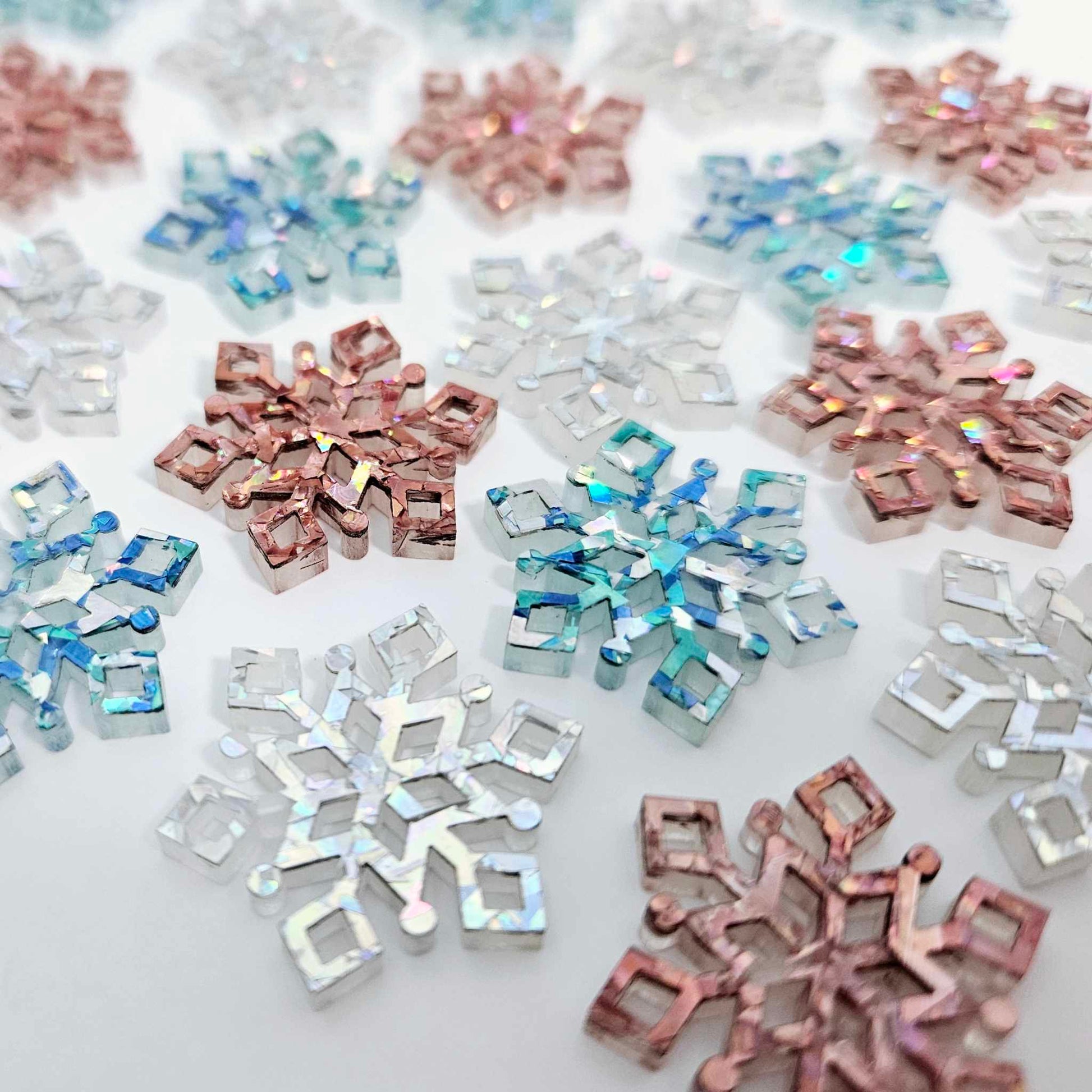 holographic silver rose gold aqua blue glitter snowflakes Christmas mini diy earring supplies laser cut acrylic dangles connectors blanks mixed pack