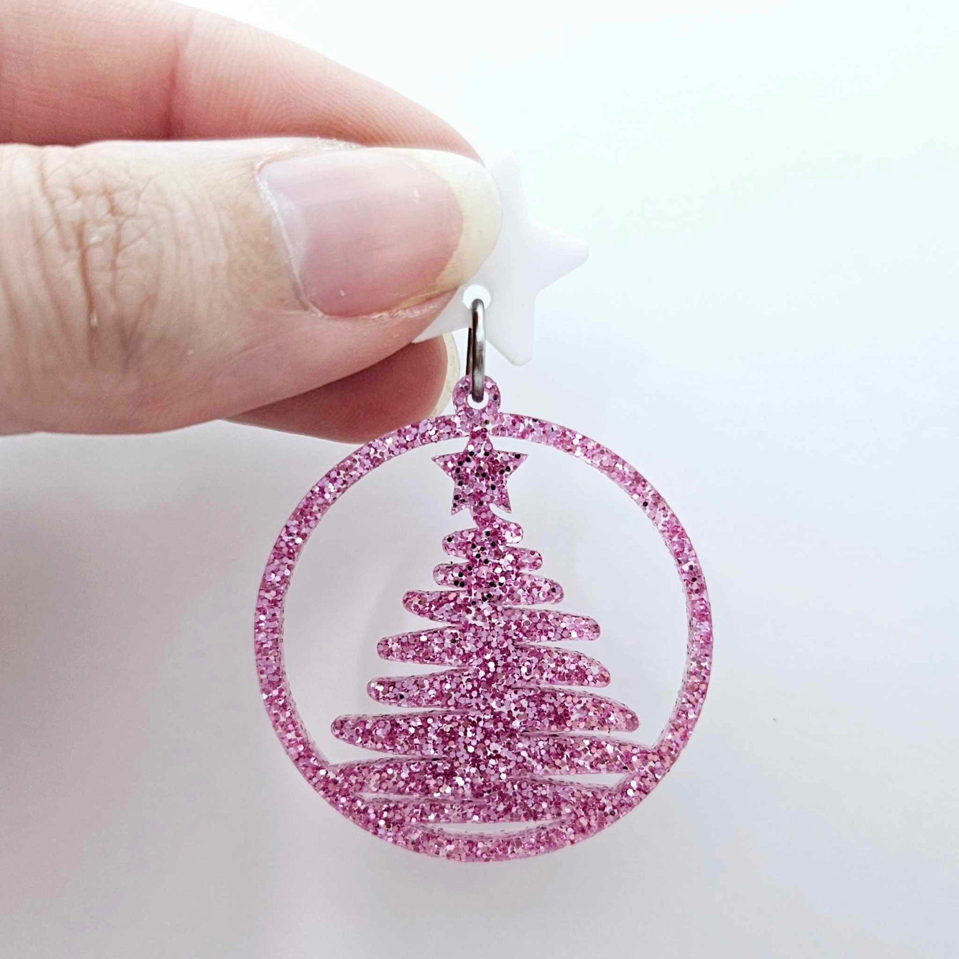 pink glitter Christmas tree hoops diy earring supplies laser cut acrylic dangles blanks