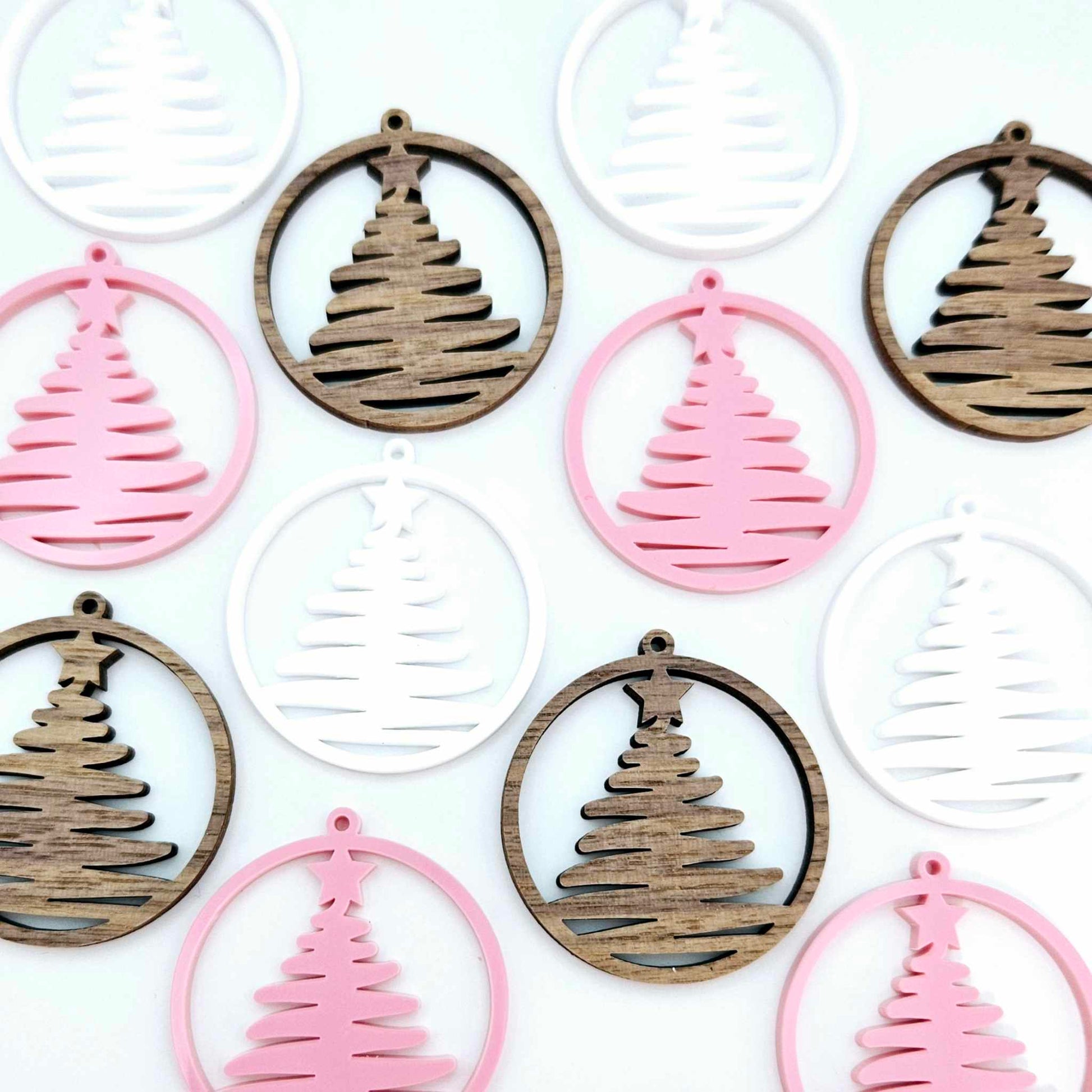 walnut wood pastel pink white Christmas Xmas tree hoops diy earring supplies laser cut acrylic dangles blanks mixed pack