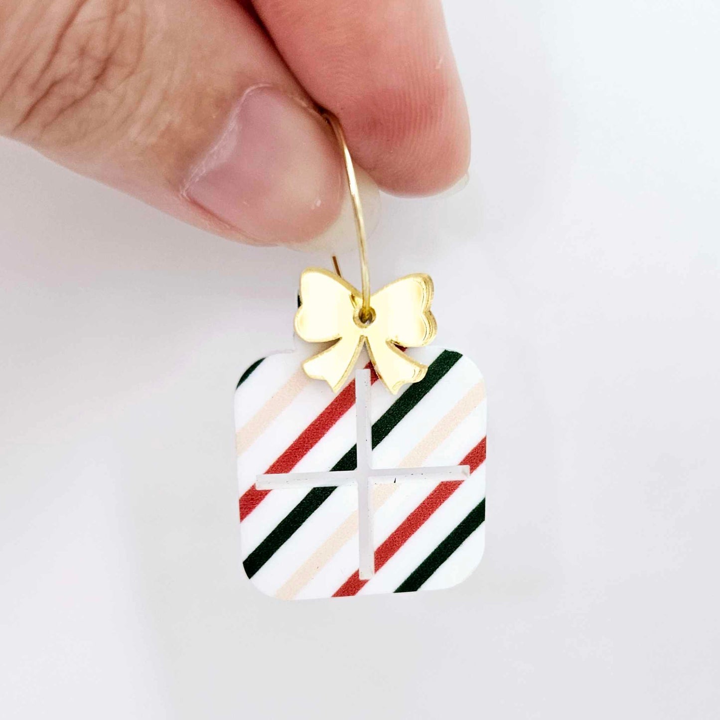 red green gold stripes Christmas present bows UV printed diy earring supplies laser cut acrylic dangles blanks