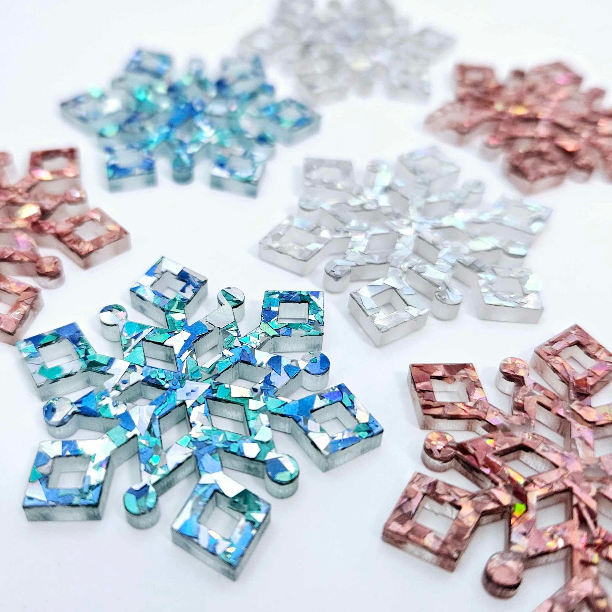 aqua blue silver rose gold holographic snowflake Christmas diy earring supplies laser cut acrylic dangles blanks