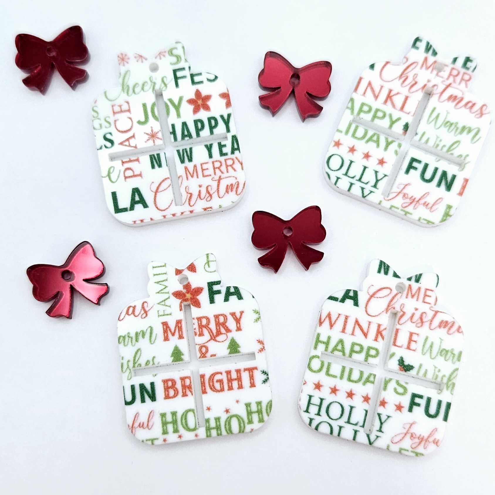 Christmas text UV printed red green present bow diy earring supplies laser cut acrylic dangles blanks hoops