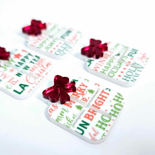 Christmas text UV printed red green present bow diy earring supplies laser cut acrylic dangles blanks hoops