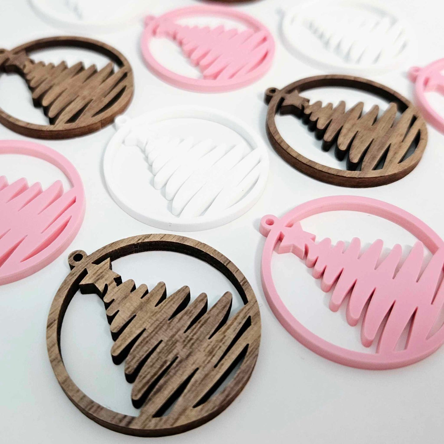 walnut wood pastel pink white Christmas Xmas tree hoops diy earring supplies laser cut acrylic dangles blanks mixed pack