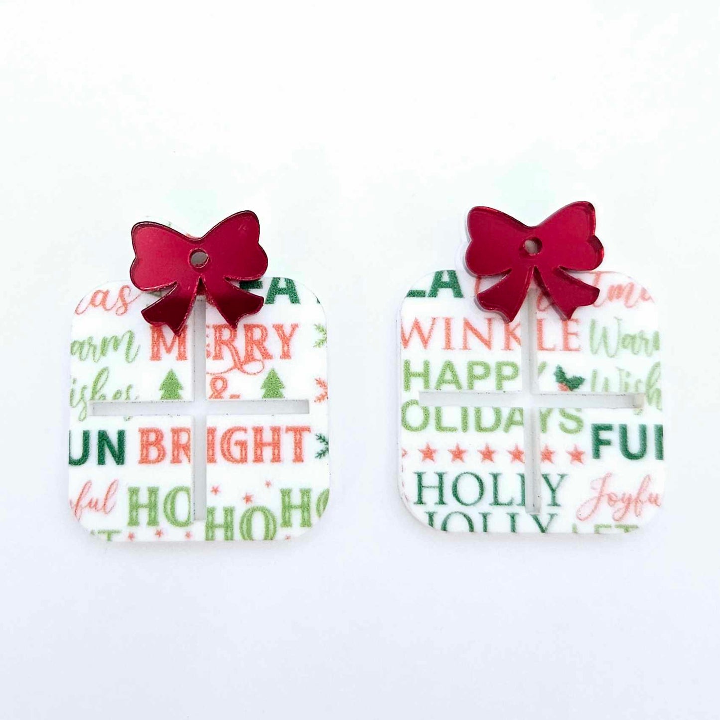 Christmas text UV printed red green present bow diy earring supplies laser cut acrylic dangles blanks hoops