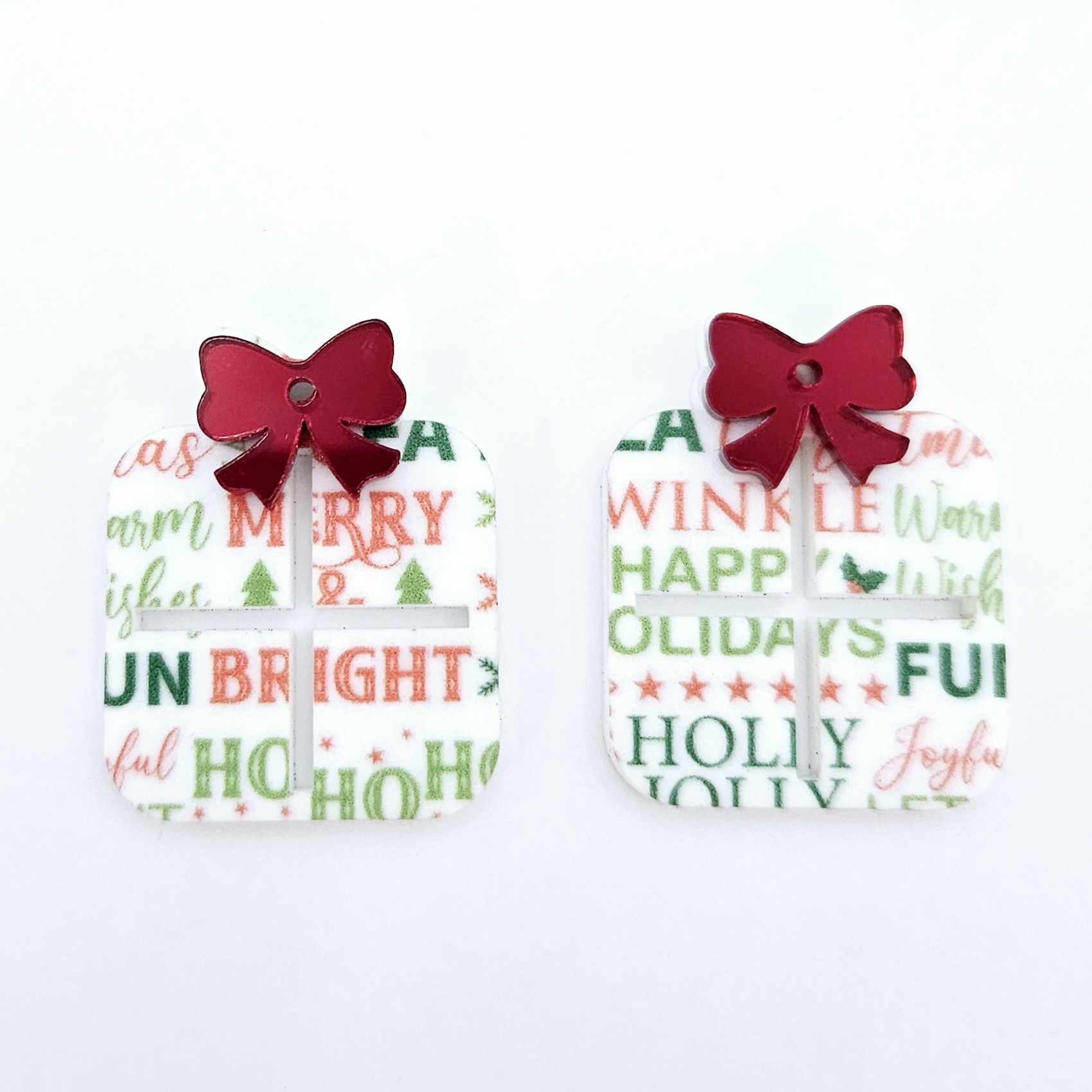 Christmas text UV printed red green present bow diy earring supplies laser cut acrylic dangles blanks hoops