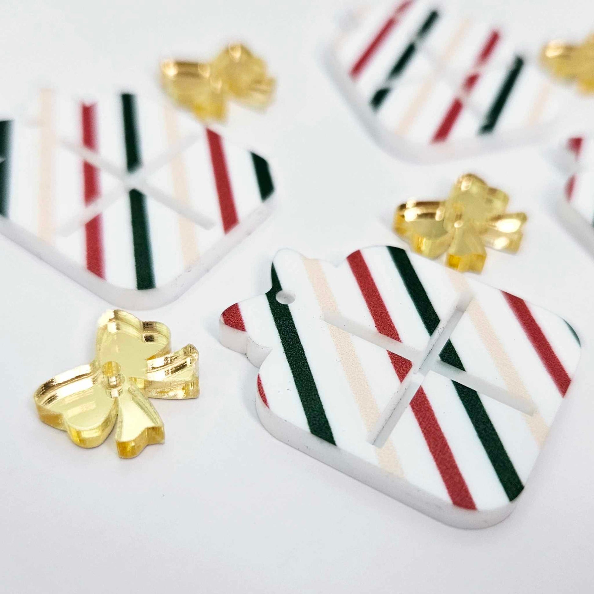 red green gold stripes Christmas present bows UV printed diy earring supplies laser cut acrylic dangles blanks