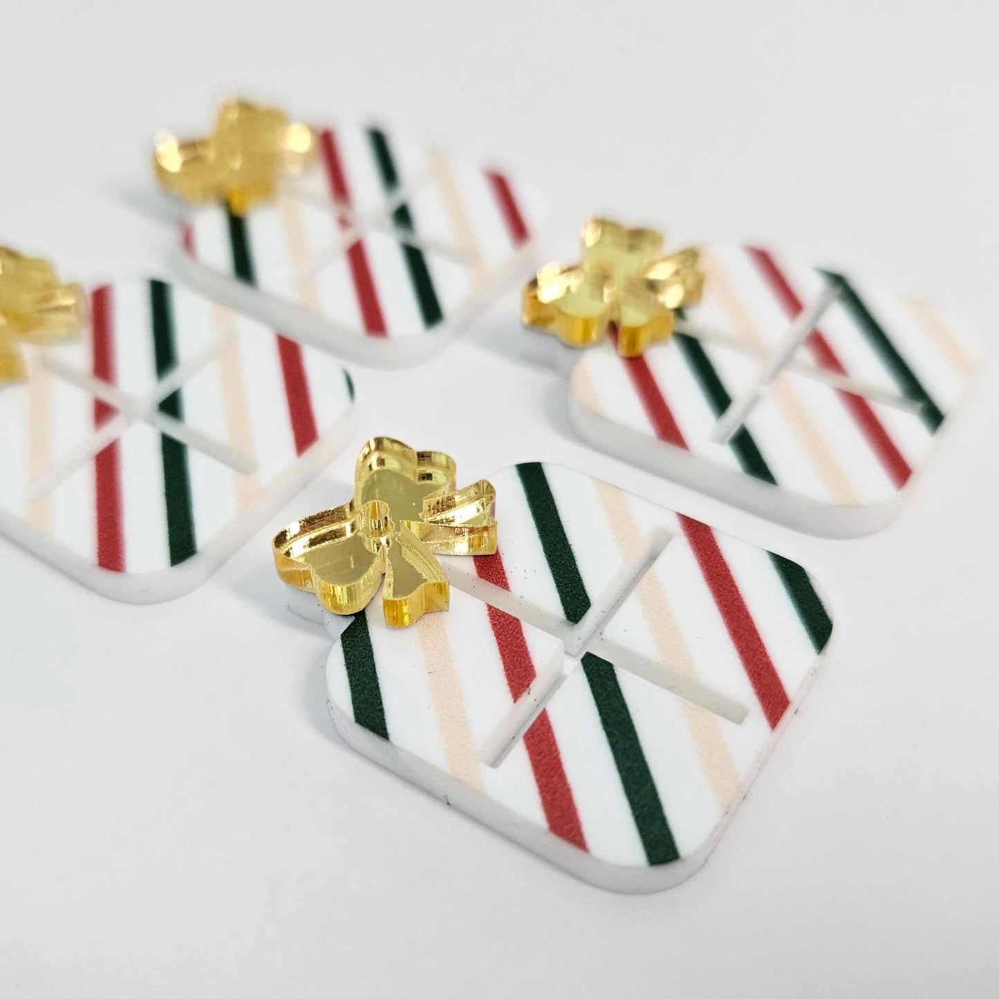 red green gold stripes Christmas present bows UV printed diy earring supplies laser cut acrylic dangles blanks