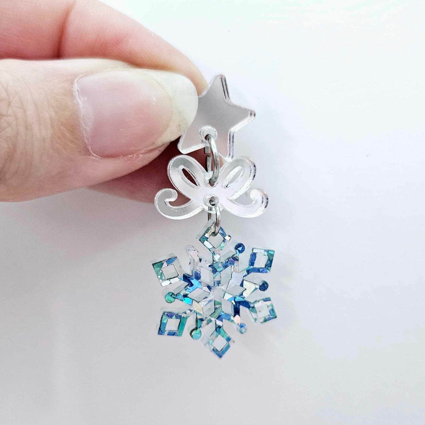 chunky aqua blue silver glitter snowflake mini Christmas diy earring supplies laser cut acrylic dangles connectors blanks