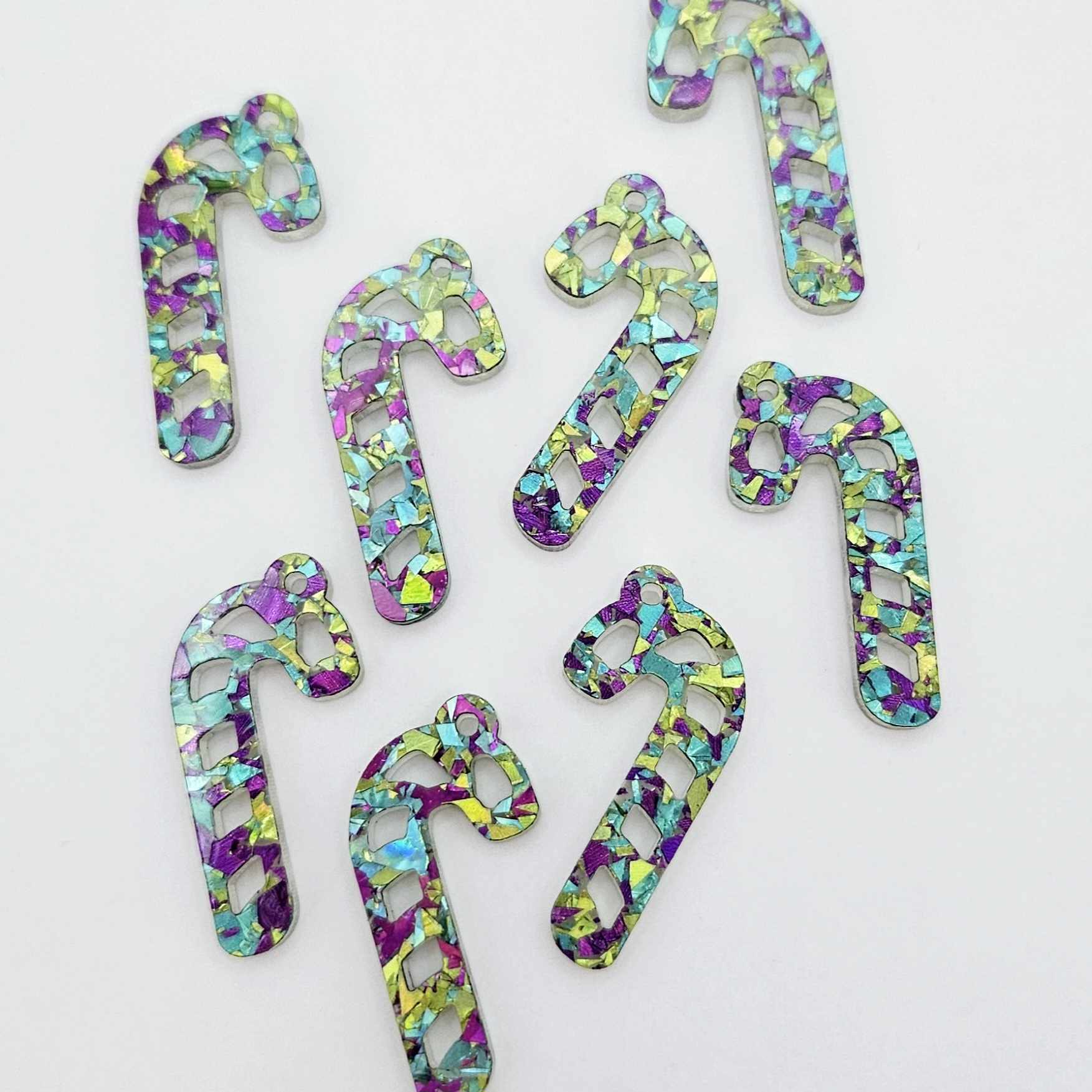 chunky peacock green purple glitter Christmas candy canes mini diy earring supplies laser cut acrylic dangles blanks