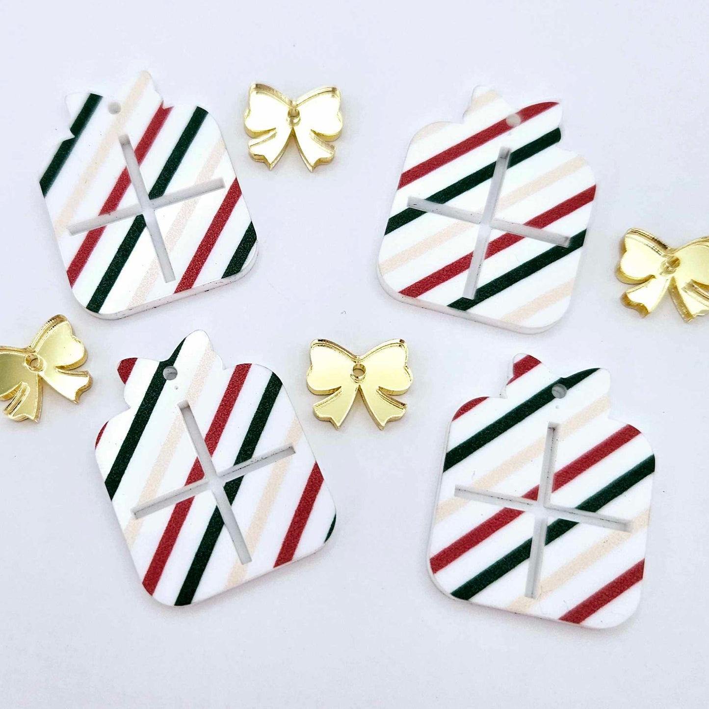 red green gold stripes Christmas present bows UV printed diy earring supplies laser cut acrylic dangles blanks