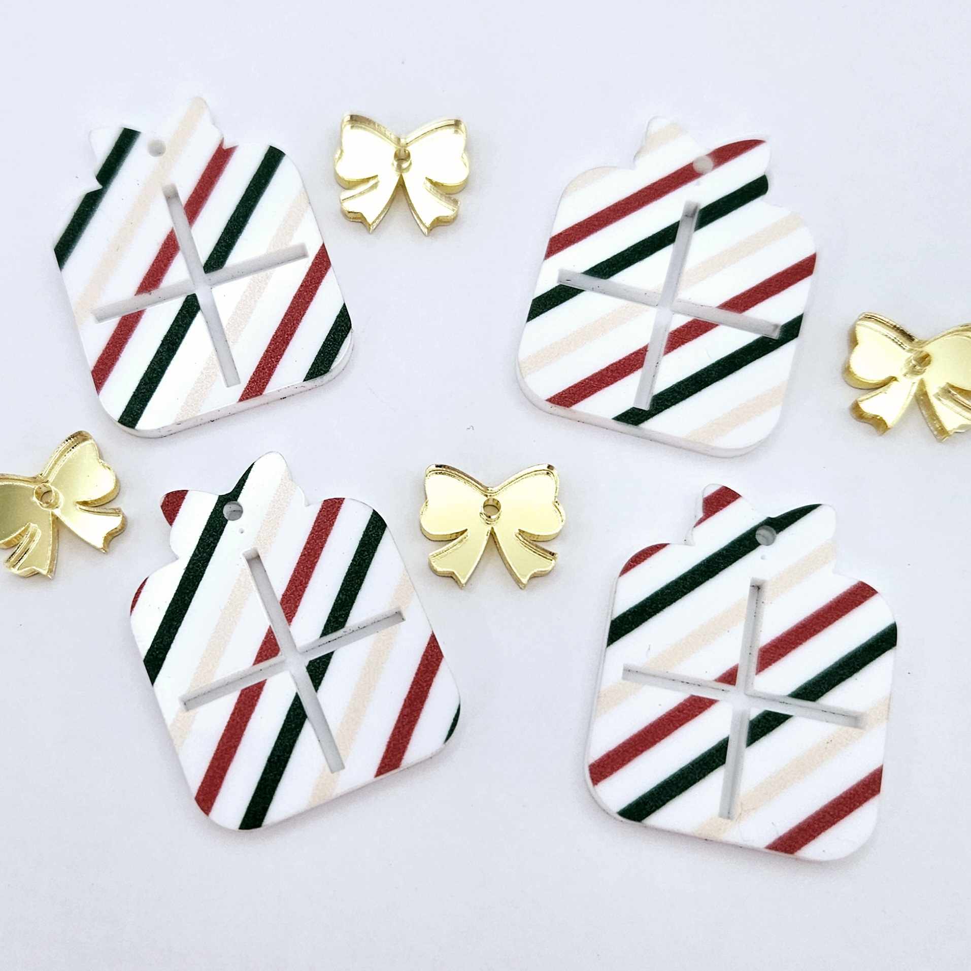 red green gold stripes Christmas present bows UV printed diy earring supplies laser cut acrylic dangles blanks