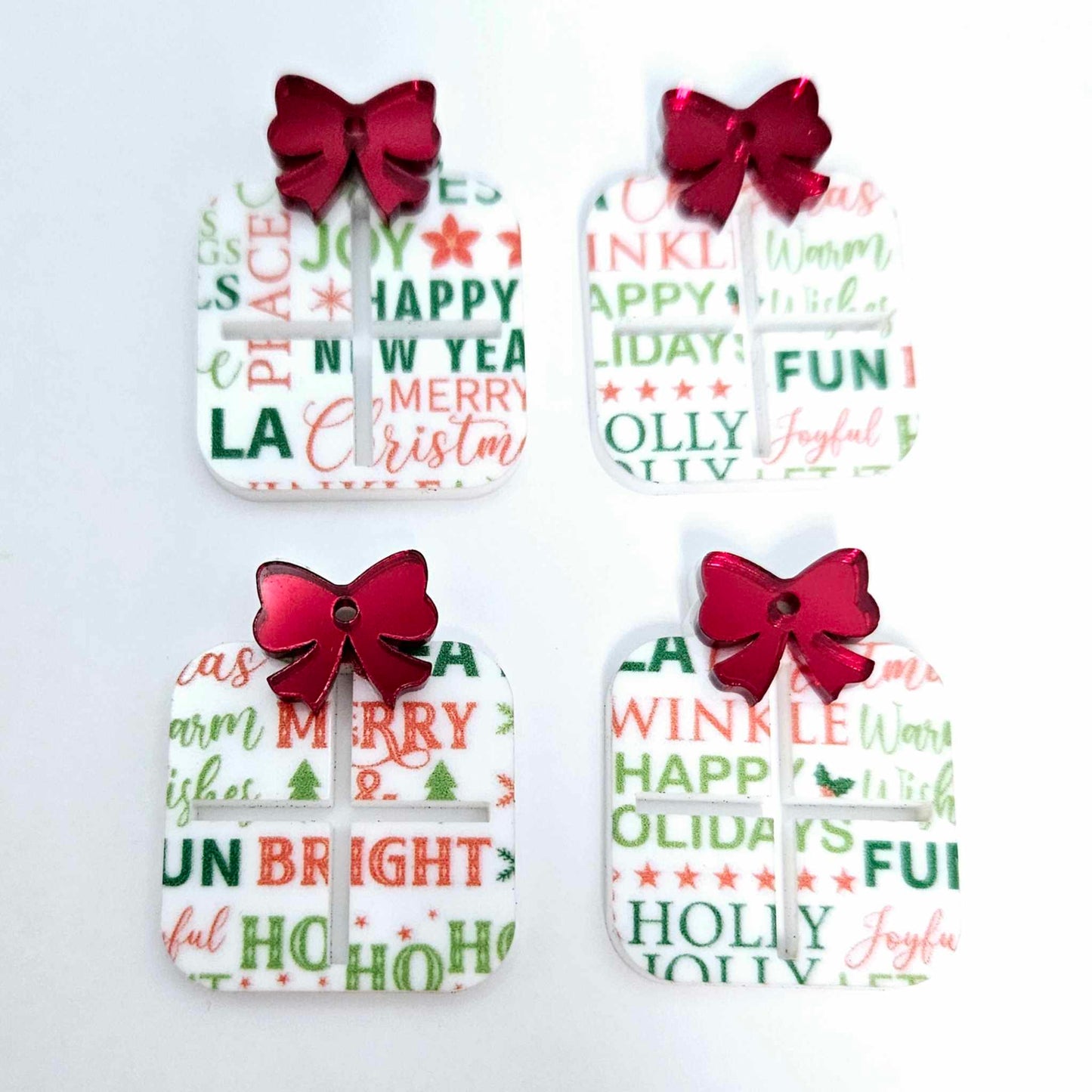 Christmas text UV printed red green present bow diy earring supplies laser cut acrylic dangles blanks hoops