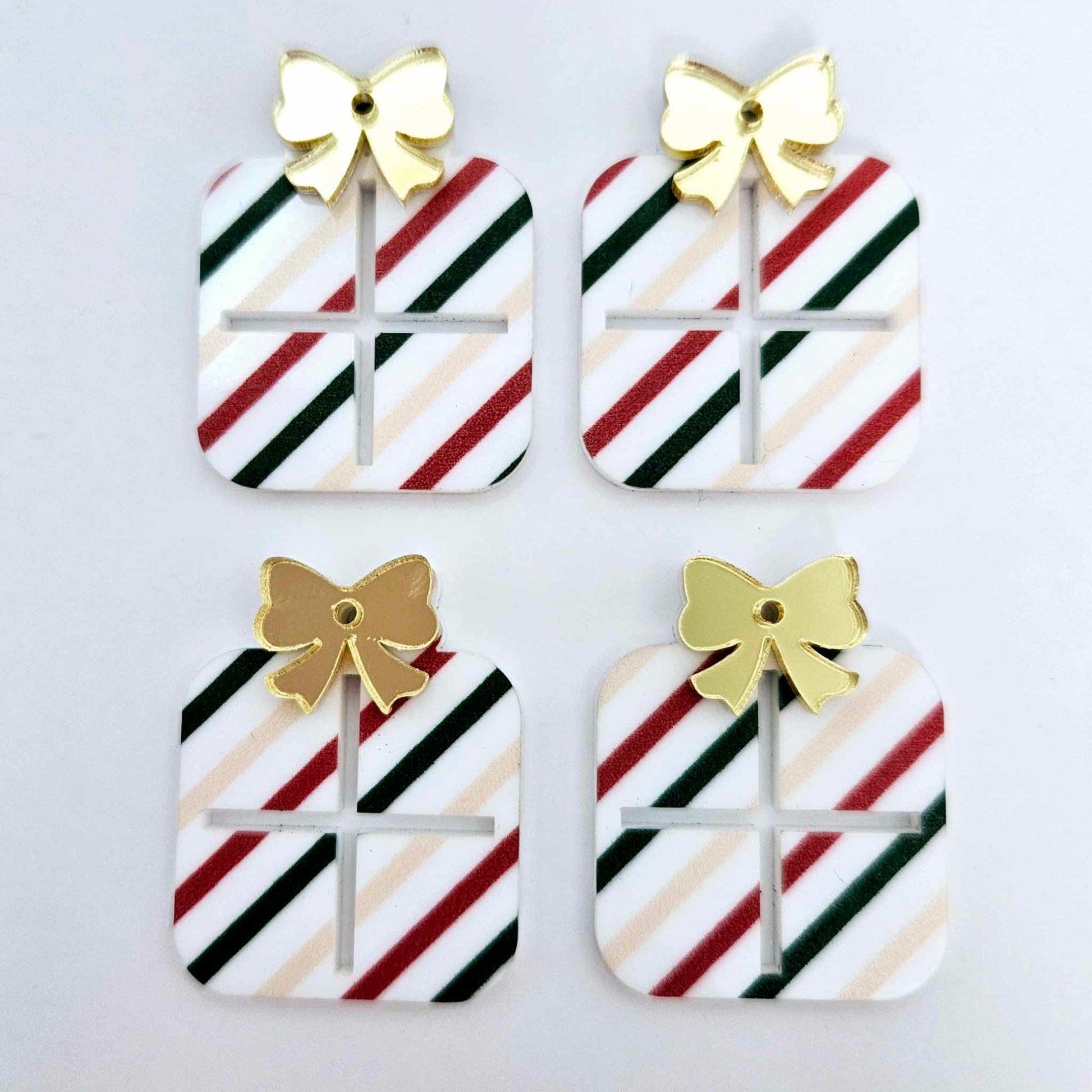 red green gold stripes Christmas present bows UV printed diy earring supplies laser cut acrylic dangles blanks