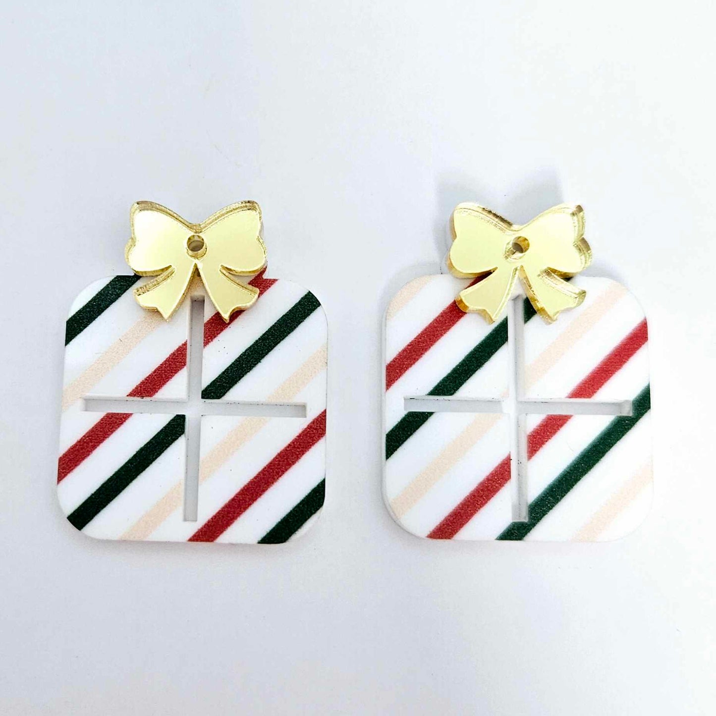 red green gold stripes Christmas present bows UV printed diy earring supplies laser cut acrylic dangles blanks