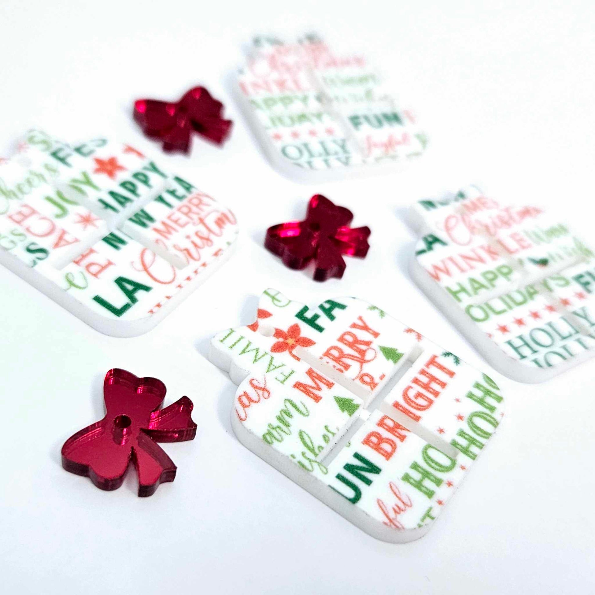 Christmas text UV printed red green present bow diy earring supplies laser cut acrylic dangles blanks hoops