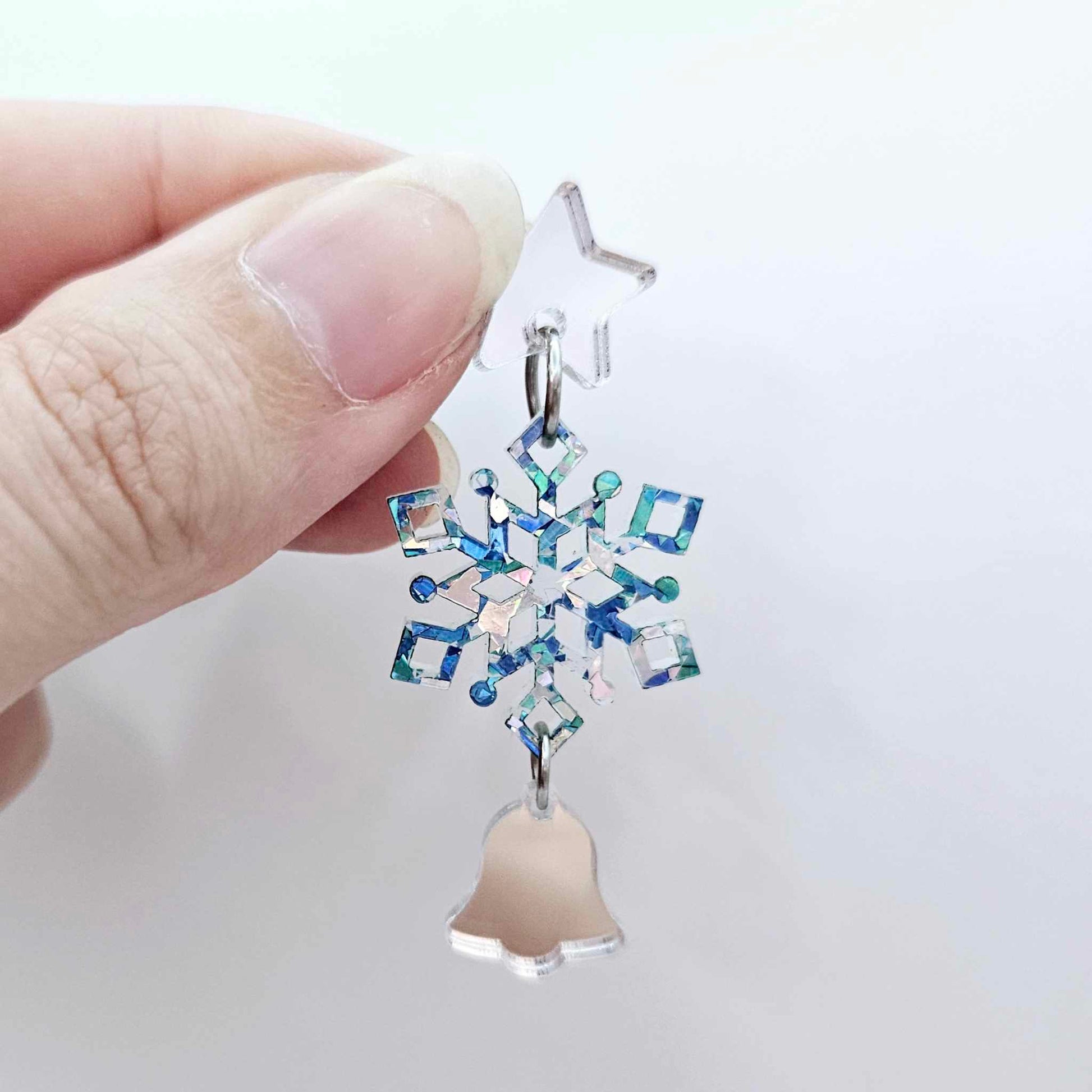 chunky aqua blue silver glitter snowflake mini Christmas diy earring supplies laser cut acrylic dangles connectors blanks