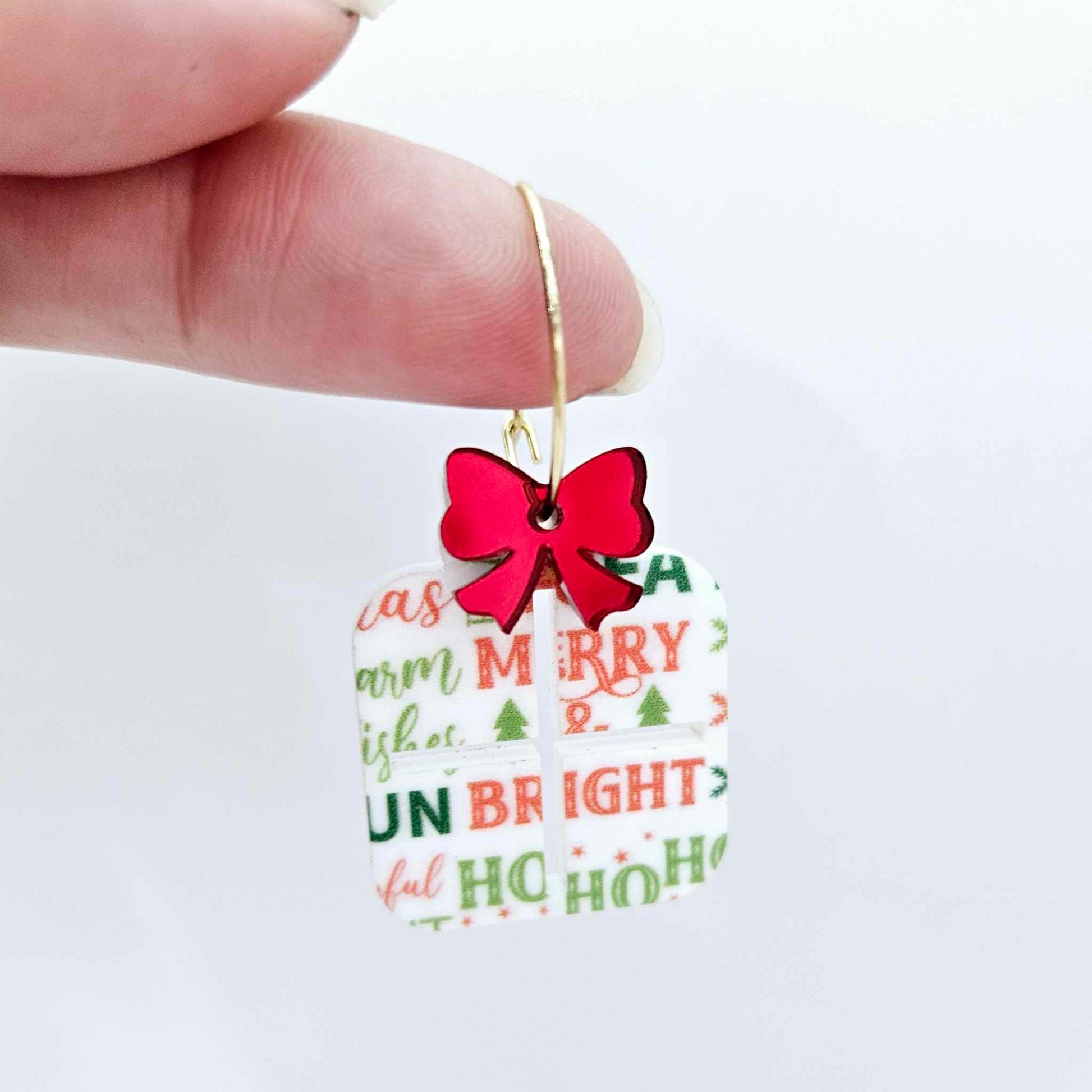 Christmas text UV printed red green present bow diy earring supplies laser cut acrylic dangles blanks hoops