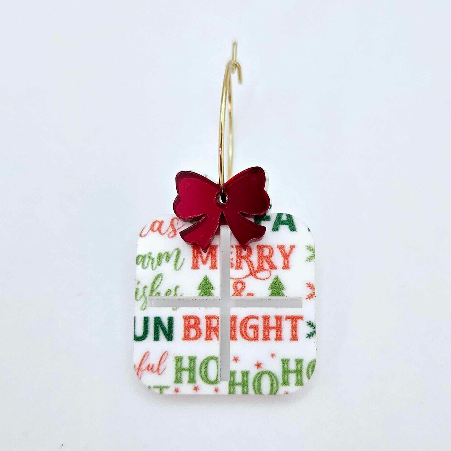 Christmas text UV printed red green present bow diy earring supplies laser cut acrylic dangles blanks hoops