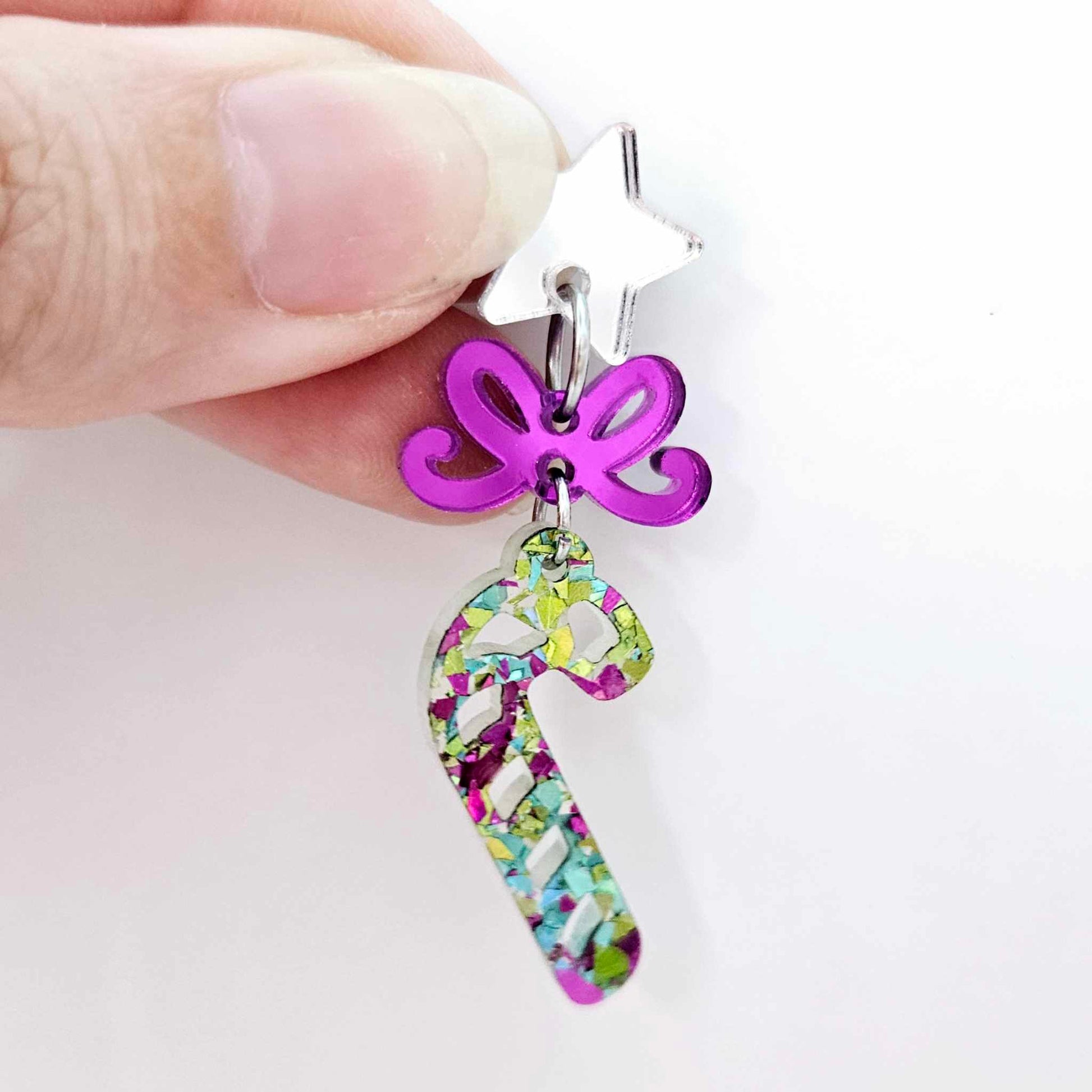 chunky peacock green purple glitter Christmas candy canes mini diy earring supplies laser cut acrylic dangles blanks