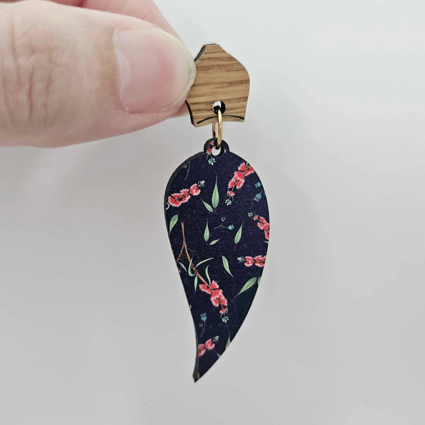 navy blue bottlebrush gum leaf MDF wood UV print Australia Australiana flower DIY earring supplies laser cut acrylic dangles blanks