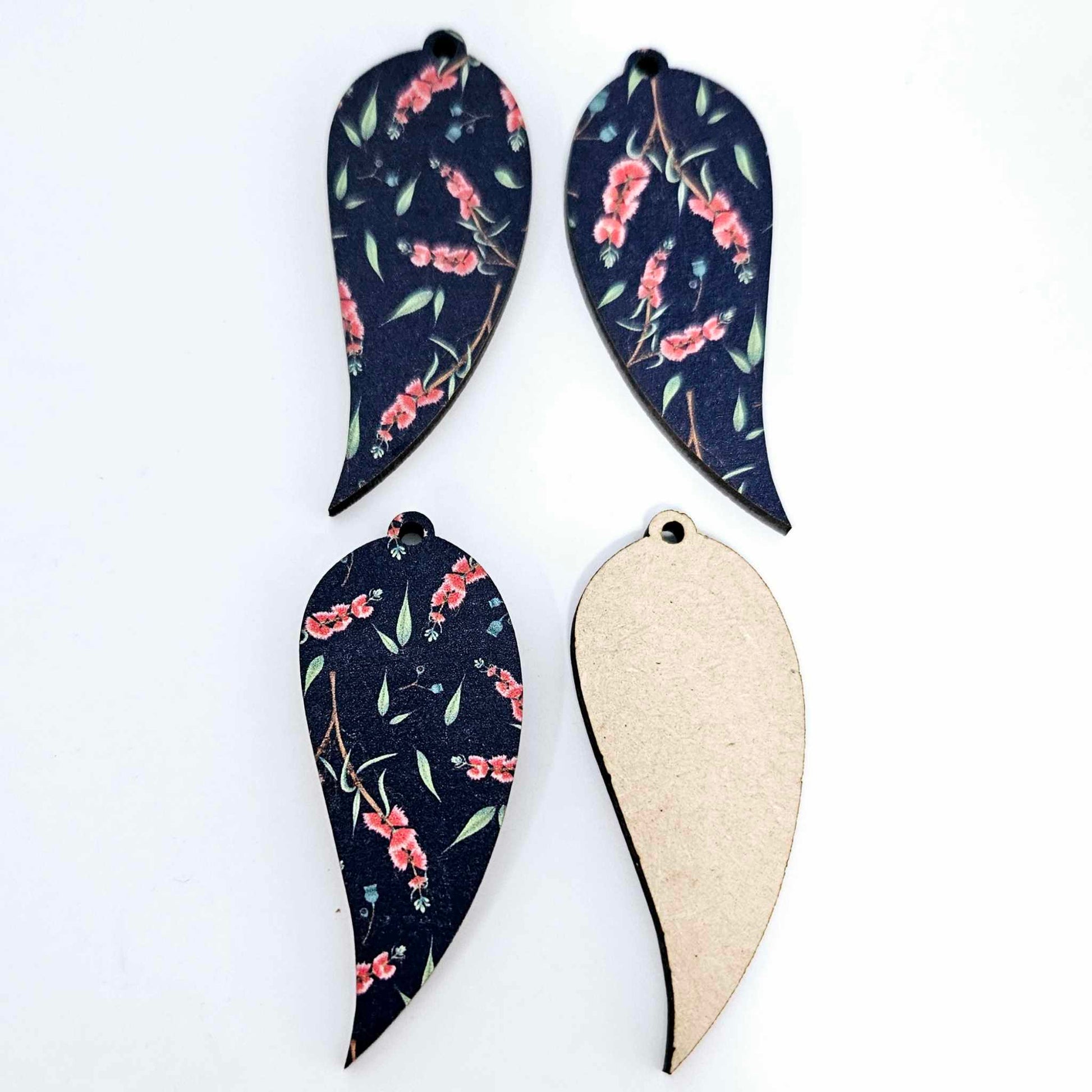 navy blue bottlebrush gum leaf MDF wood UV print Australia Australiana flower DIY earring supplies laser cut acrylic dangles blanks