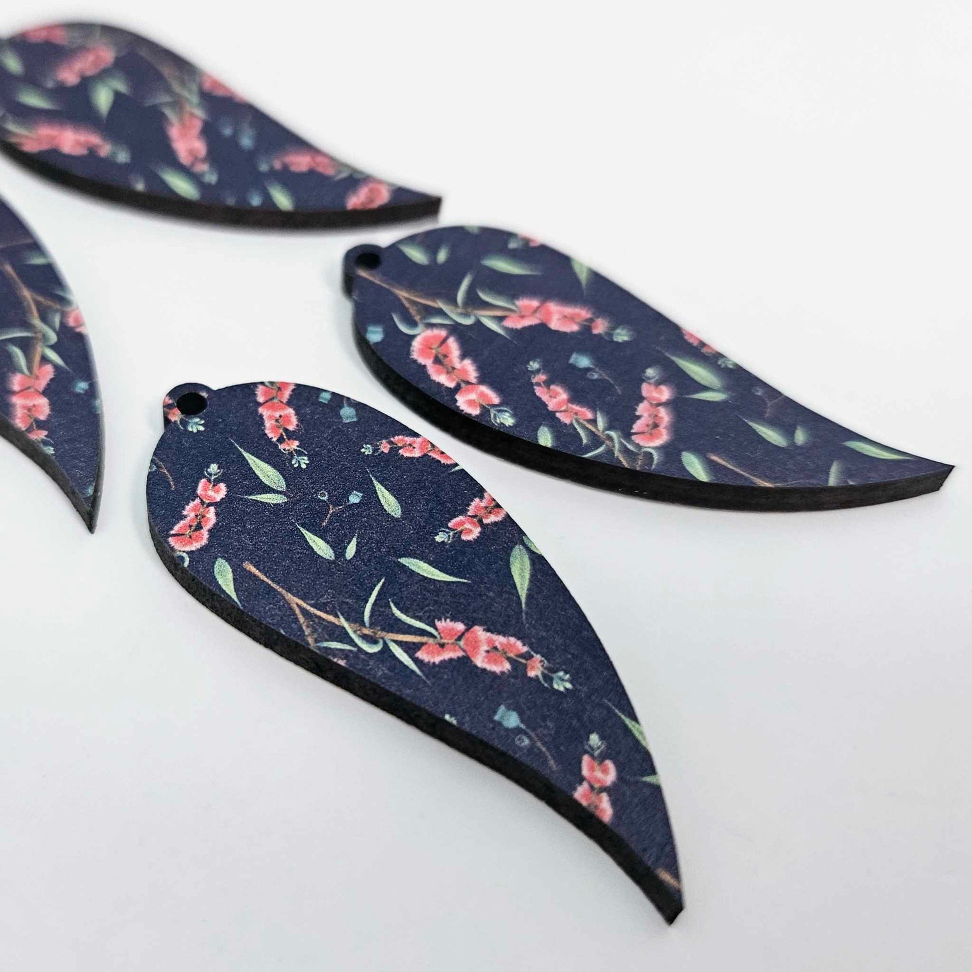 navy blue bottlebrush gum leaf MDF wood UV print Australia Australiana flower DIY earring supplies laser cut acrylic dangles blanks