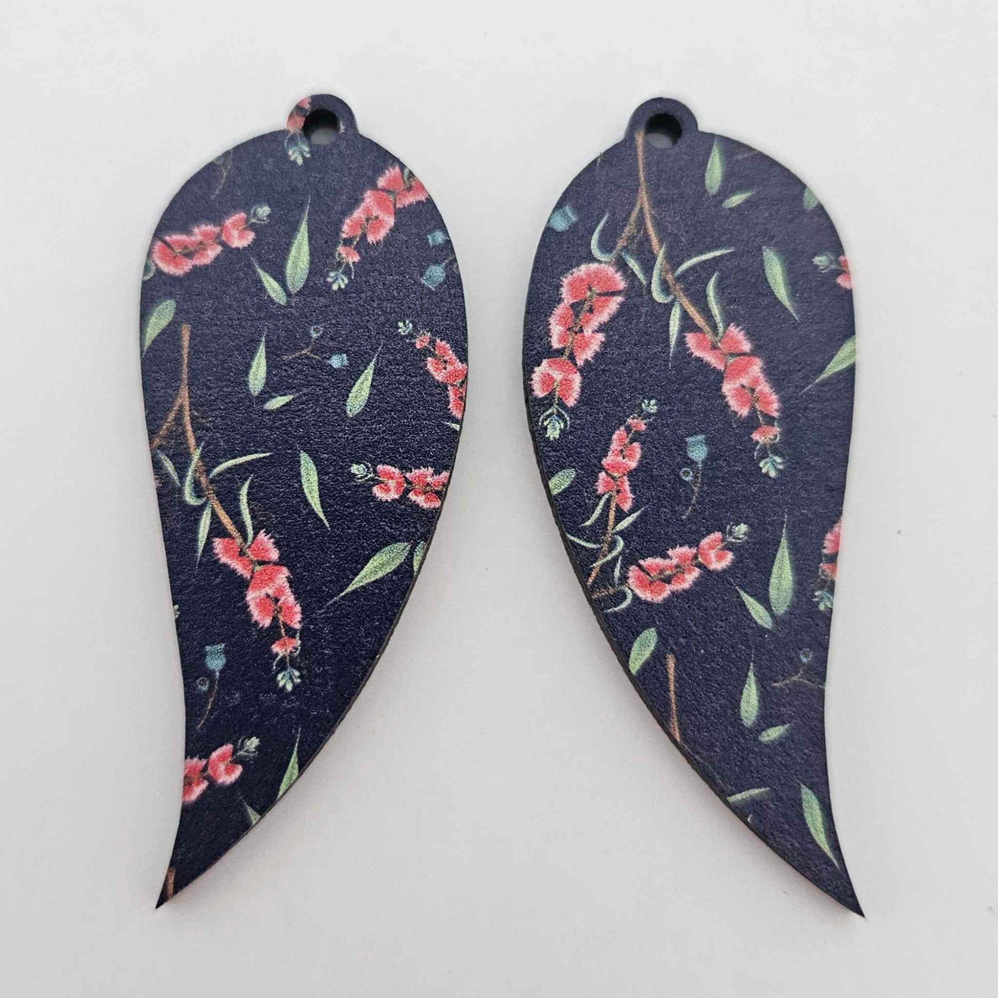 navy blue bottlebrush gum leaf MDF wood UV print Australia Australiana flower DIY earring supplies laser cut acrylic dangles blanks