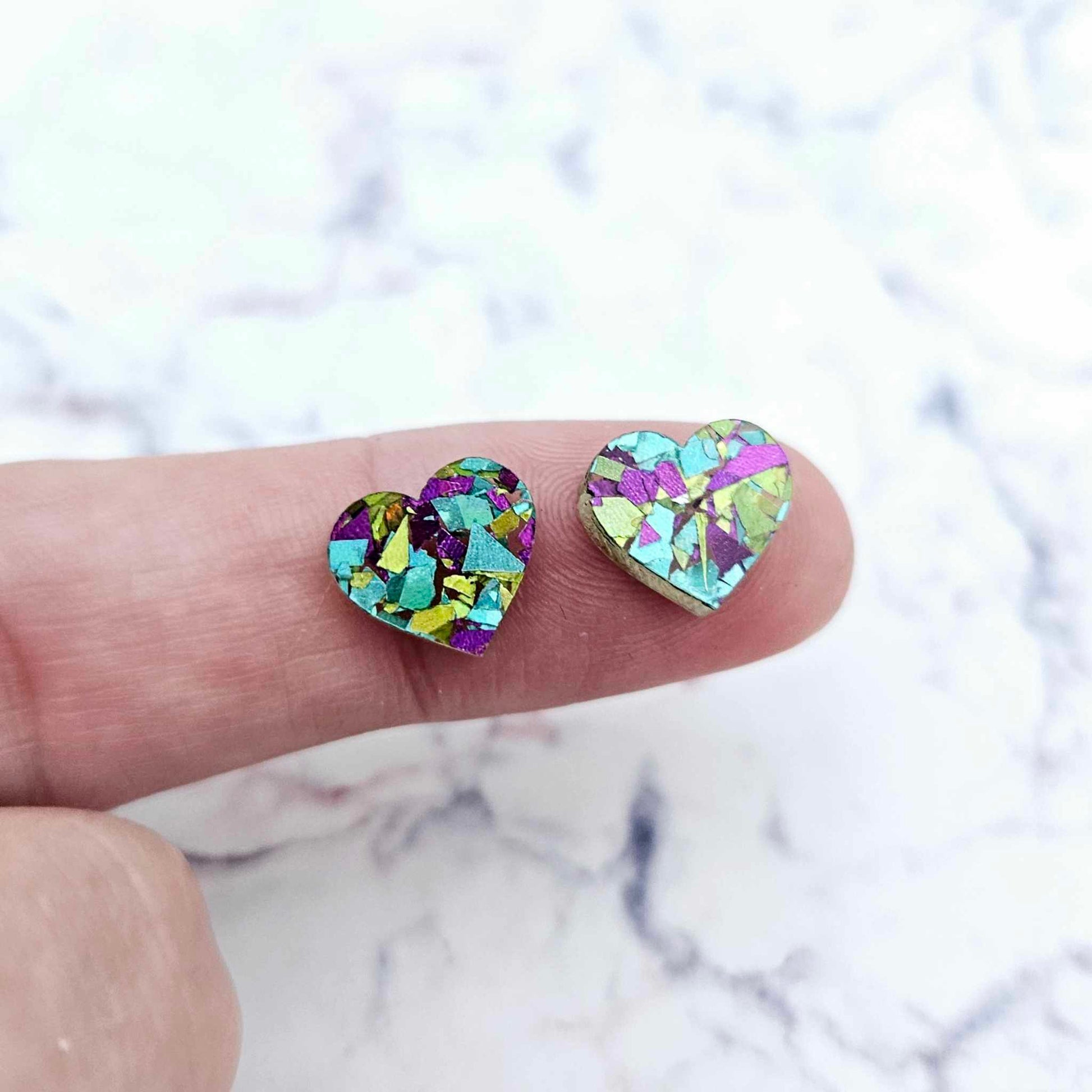 chunky glitter aqua peacock unicorn holographic rose gold hearts kids petite small DIY earring supplies laser cut acrylic studs blanks mixed pack