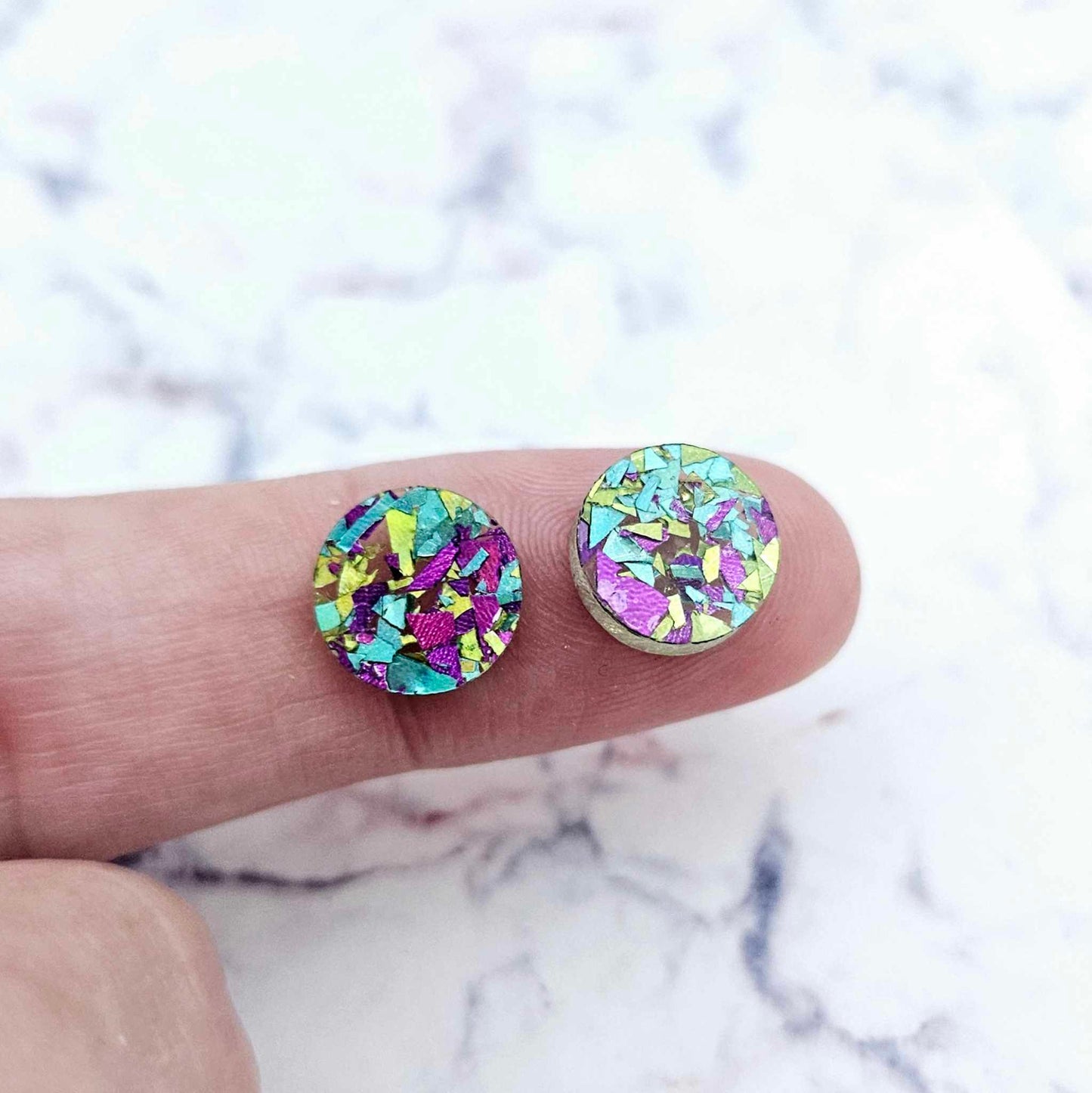 chunky glitter mixed pack peacock holographic gold love aqua unicorn circles rounds kids petite DIY earring supplies laser cut acrylic studs blanks craft