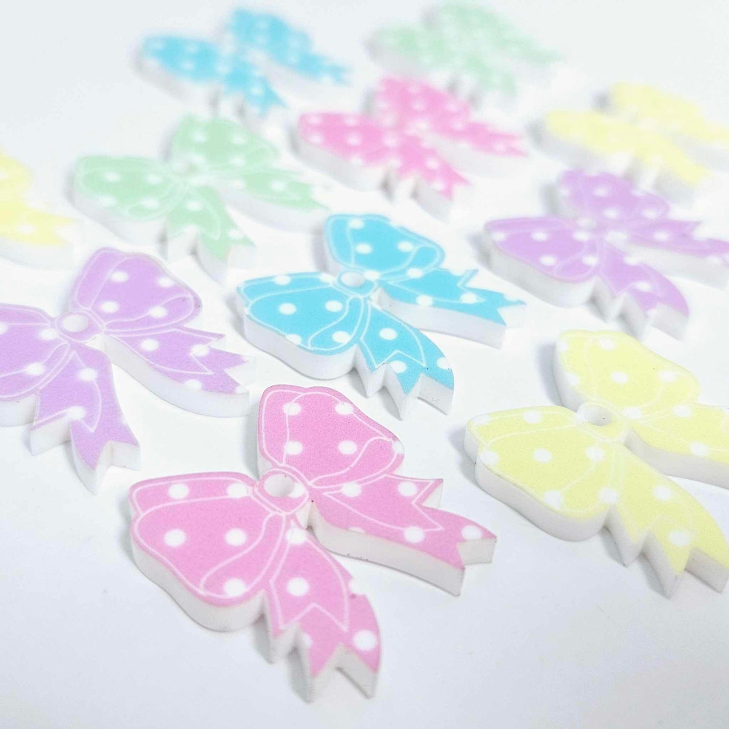 pastel yellow pink purple blue green polka dot bows Valentines Day Easter Christmas ribbon DIY earring supplies laser cut acrylic dangles blanks mixed pack